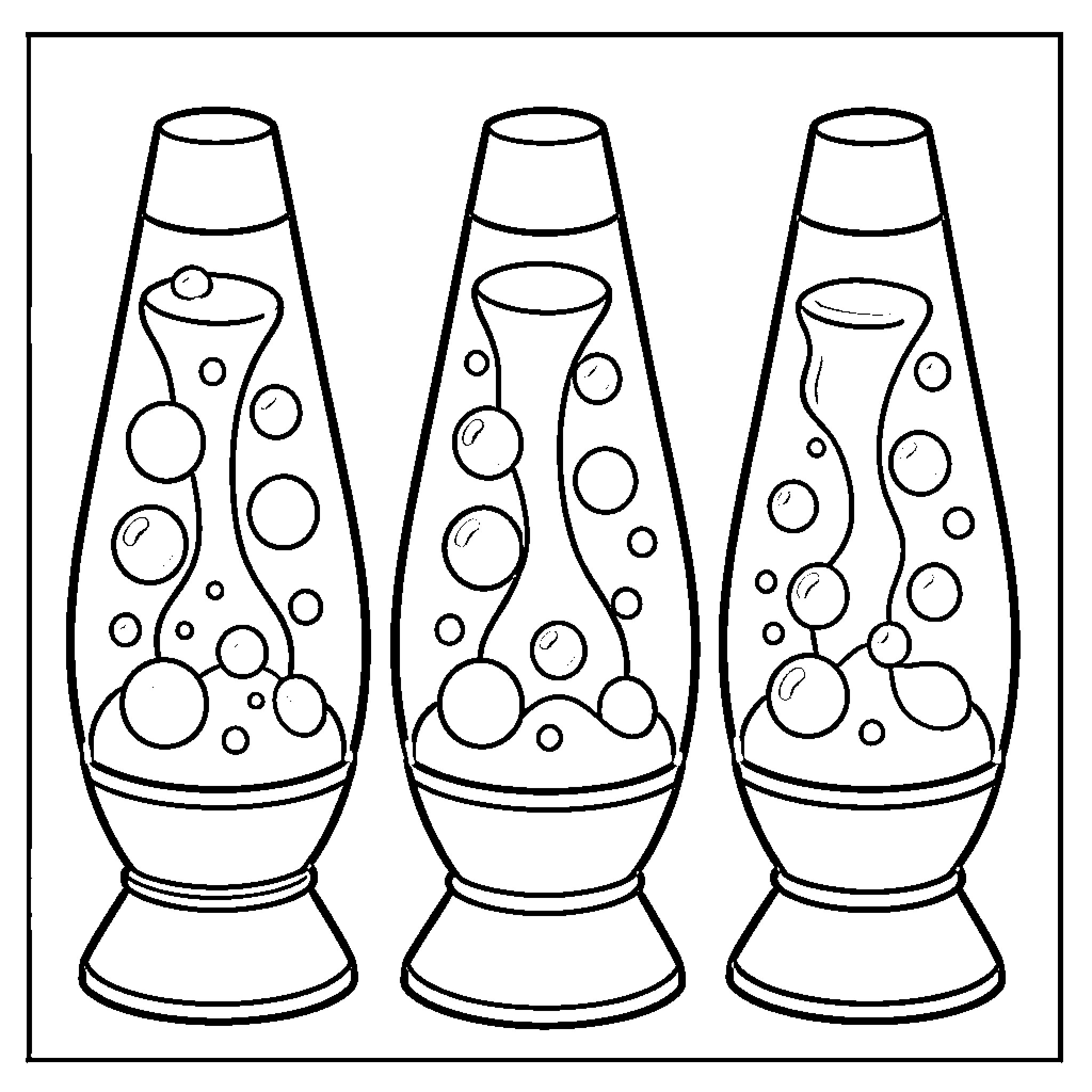 Lava Lamp in Various Patterns and Designs Coloring Page (free black-and-white line drawing printable PDF for all, from beginners to advanced learners, including children, teens, adults, and seniors)