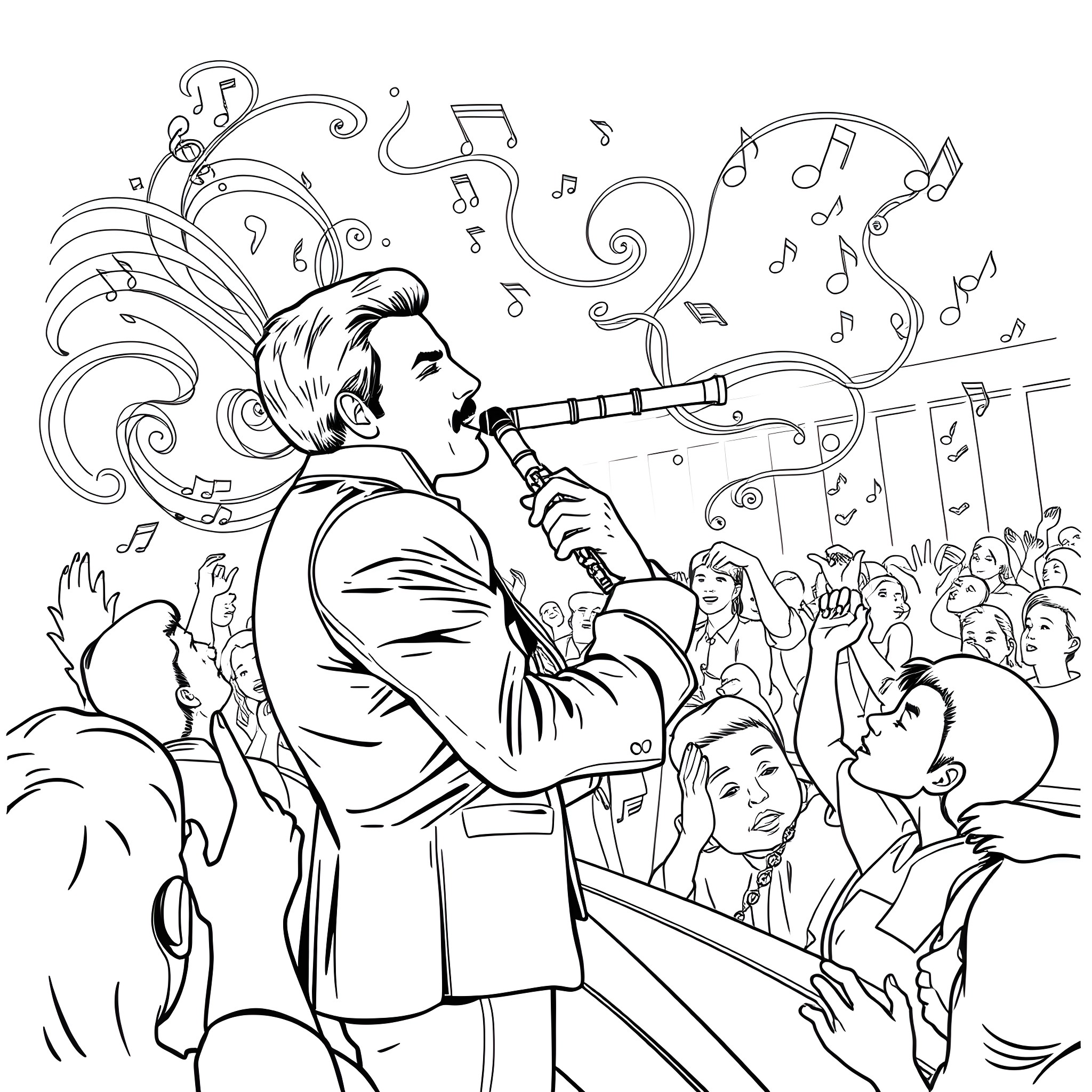Freddie Mercury performing on stage with the crowd Coloring Page (free black-and-white line drawing printable PDF for all, from beginners to advanced learners, including children, teens, adults, and seniors)