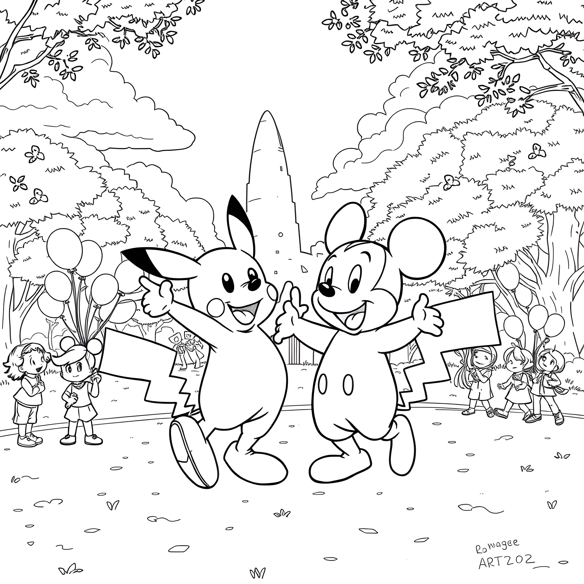 Pikachu and Friends Enjoying Outdoor Adventure Coloring Page (free black-and-white line drawing printable PDF for all, from beginners to advanced learners, including children, teens, adults, and seniors)