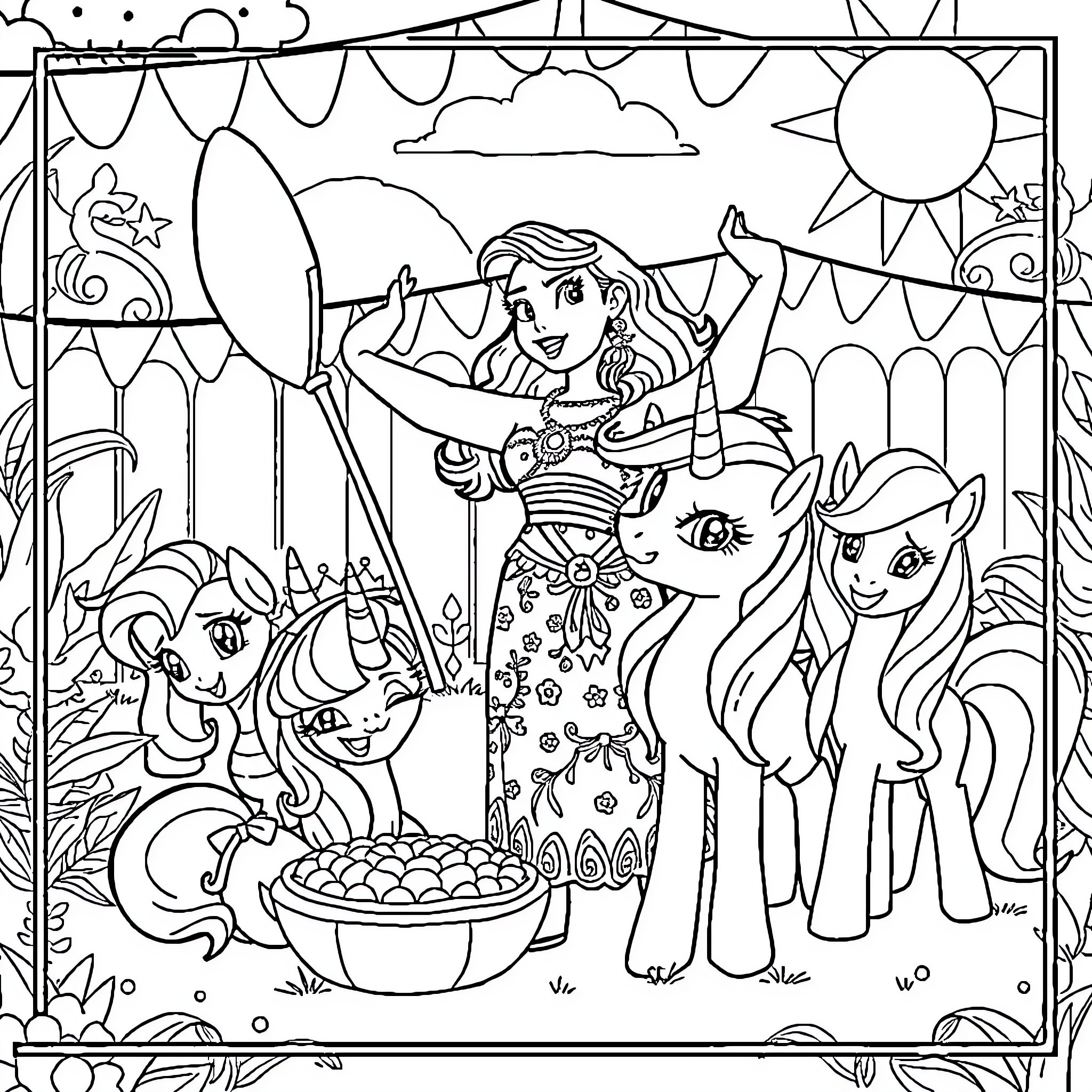 Moana's Festive Adventure with Friends Coloring Page (free black-and-white line drawing printable PDF for all, from beginners to advanced learners, including children, teens, adults, and seniors)