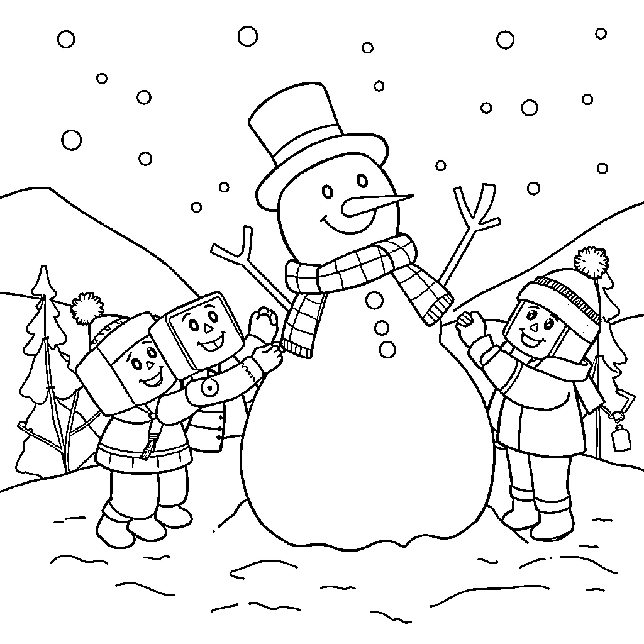 Numberblocks building a snowman in the snowy landscape Coloring Page (free black-and-white line drawing printable PDF for all, from beginners to advanced learners, including children, teens, adults, and seniors)