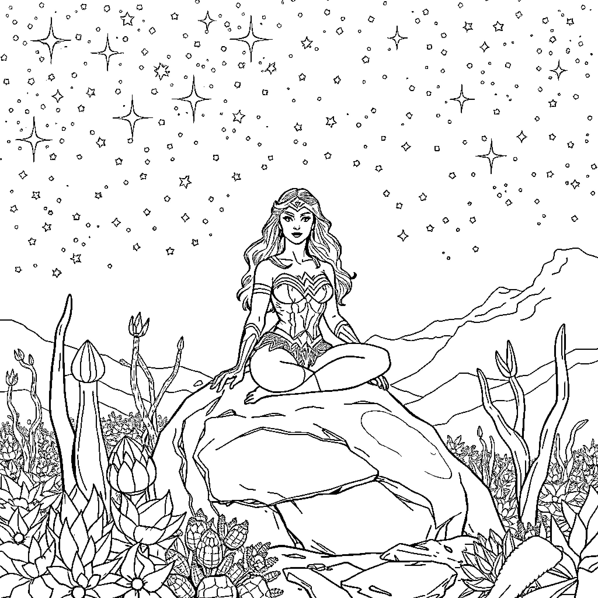 Wonder Woman resting amidst enchanted nature Coloring Page (free black-and-white line drawing printable PDF for all, from beginners to advanced learners, including children, teens, adults, and seniors)