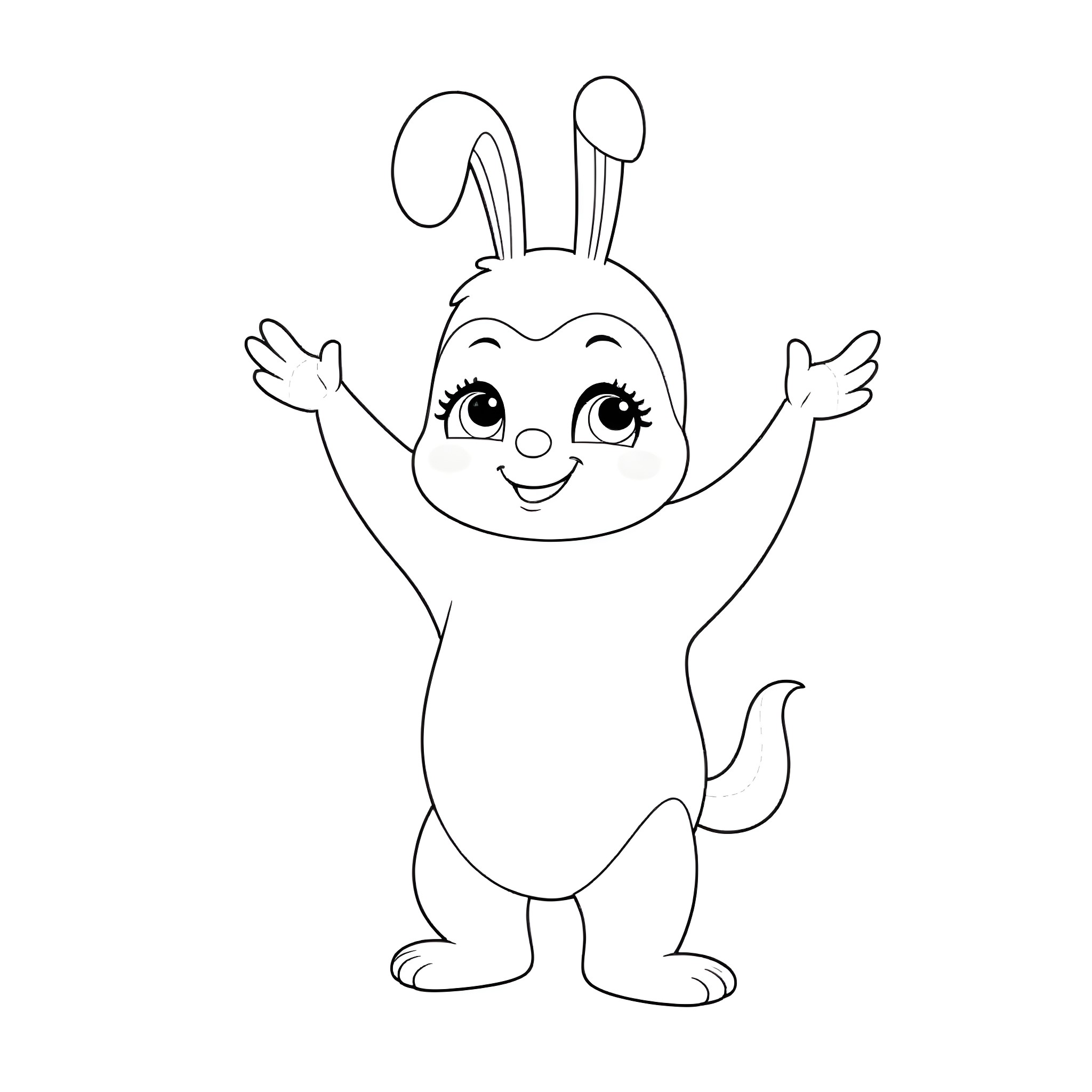 Anime Girl Bunny Character Happily Waving Arms Coloring Page (free black-and-white line drawing printable PDF for all, from beginners to advanced learners, including children, teens, adults, and seniors)