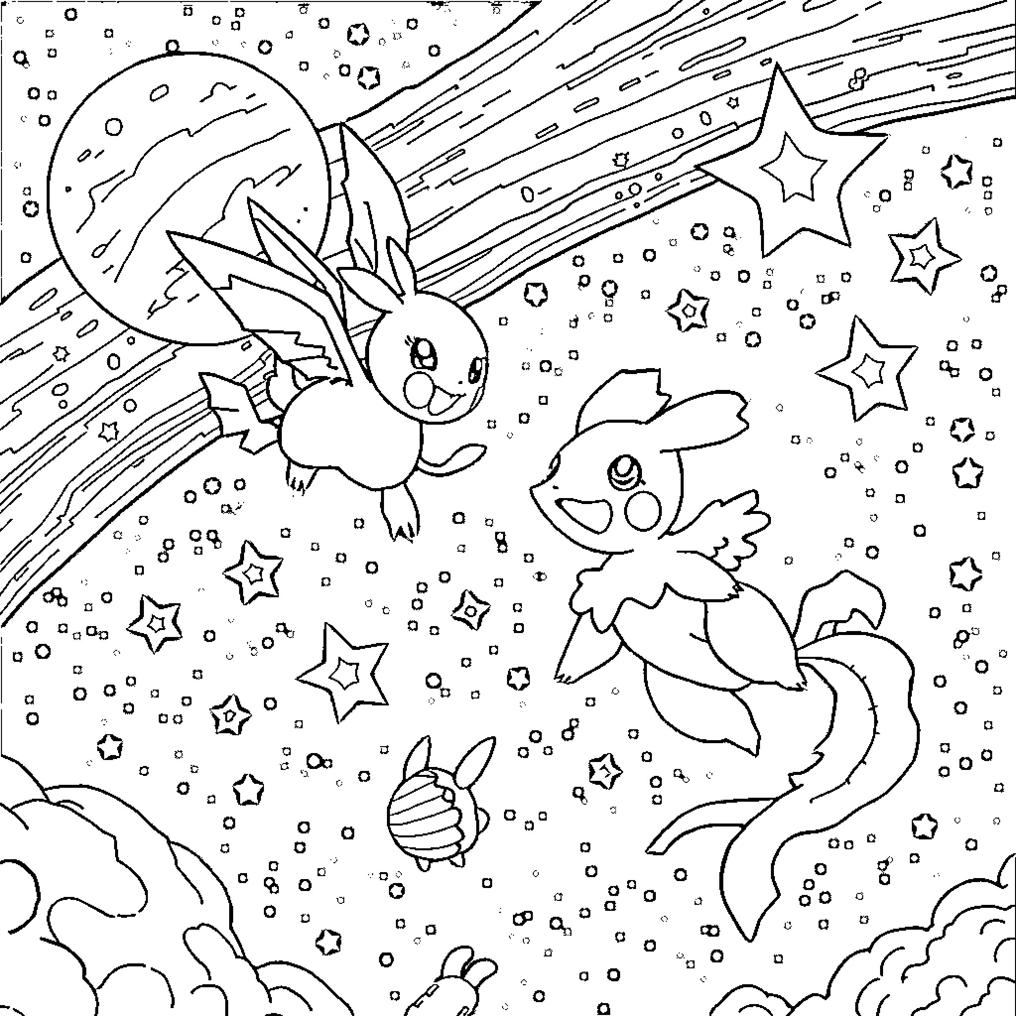 Pokémon Characters Exploring a Starry Night Sky Coloring Page (free black-and-white line drawing printable PDF for all, from beginners to advanced learners, including children, teens, adults, and seniors)