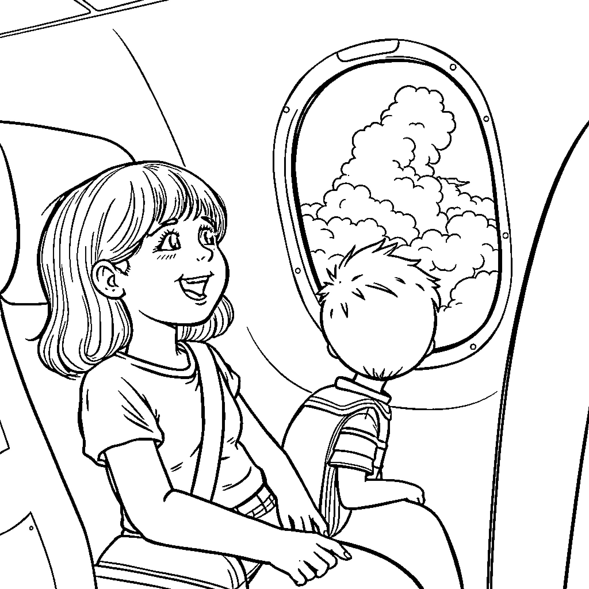 Girl Gazing Out Window on Train Ride Coloring Page (free black-and-white line drawing printable PDF for all, from beginners to advanced learners, including children, teens, adults, and seniors)