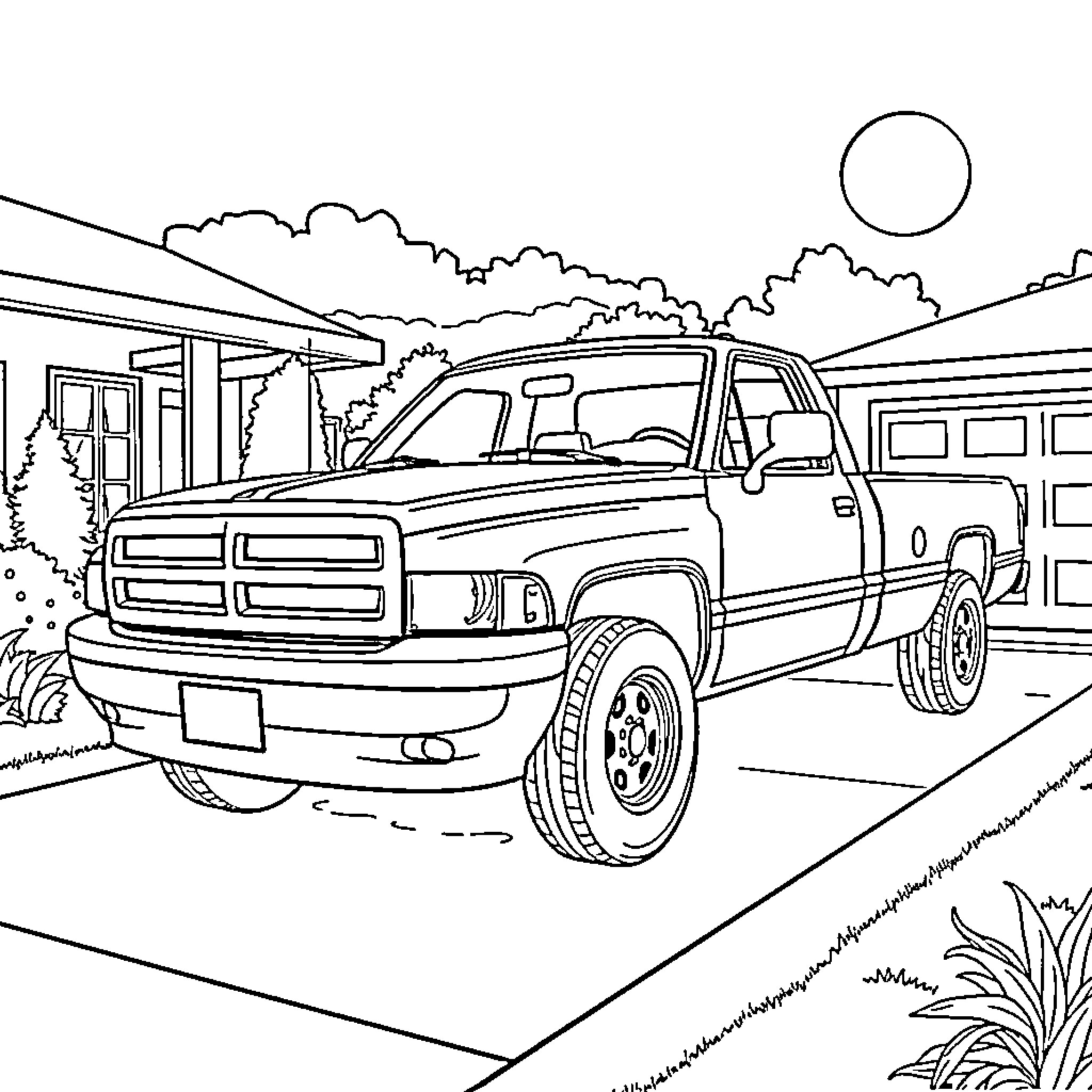Dodge truck in a suburban landscape Coloring Page (free black-and-white line drawing printable PDF for all, from beginners to advanced learners, including children, teens, adults, and seniors)