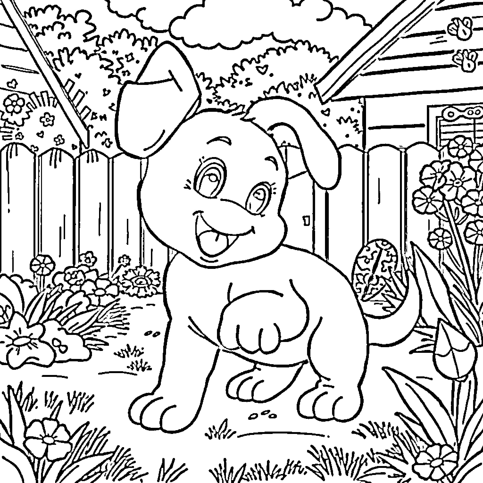 Bluey's Playful Adventure in the Garden Coloring Page (free black-and-white line drawing printable PDF for all, from beginners to advanced learners, including children, teens, adults, and seniors)