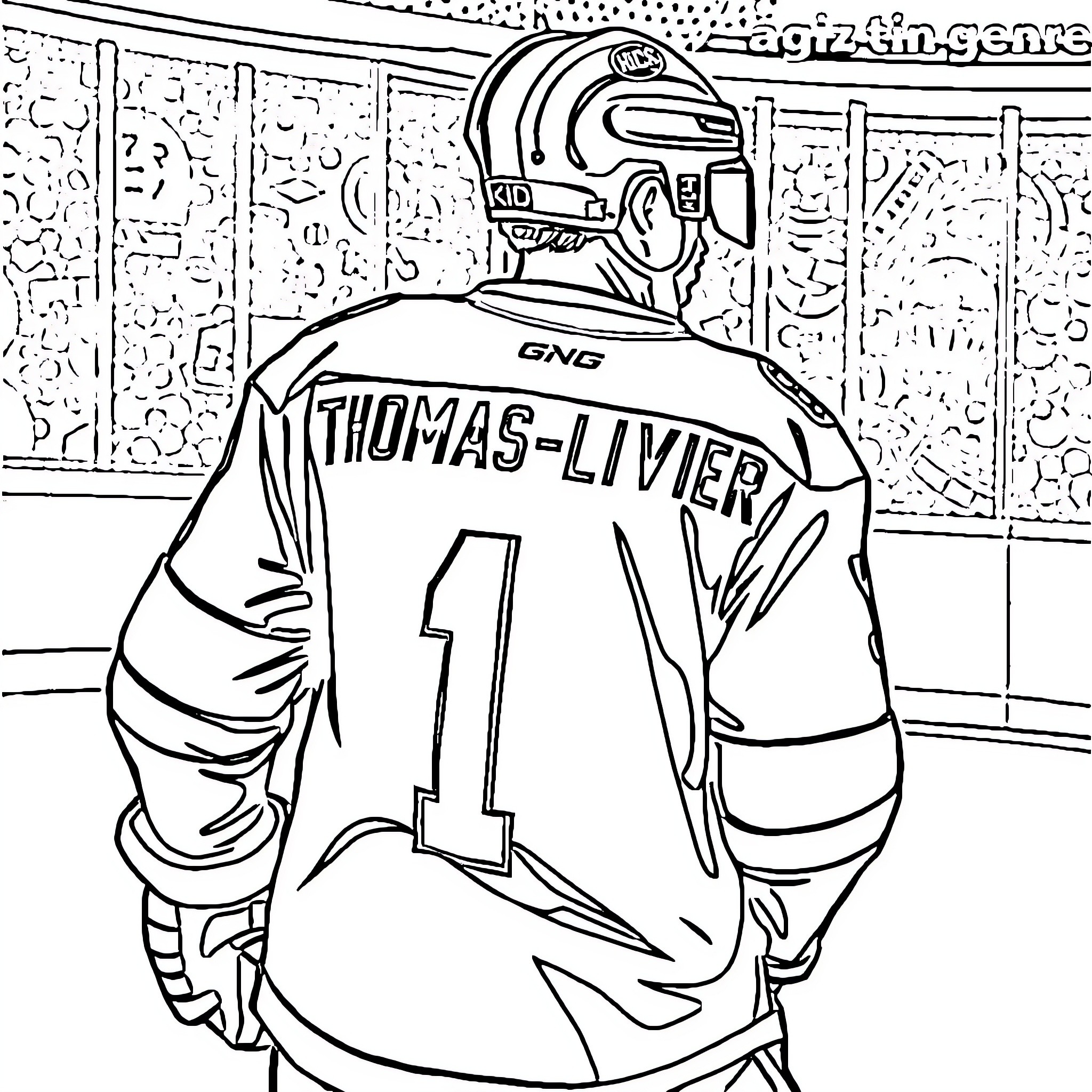 Hockey Player with Jersey Number 1 Coloring Page (free black-and-white line drawing printable PDF for all, from beginners to advanced learners, including children, teens, adults, and seniors)
