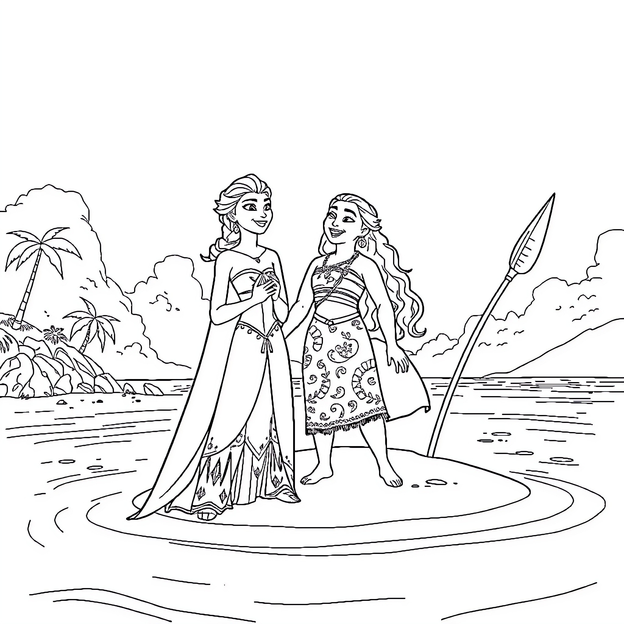 Elsa and Moana in tropical beach setting Coloring Page (free black-and-white line drawing printable PDF for all, from beginners to advanced learners, including children, teens, adults, and seniors)