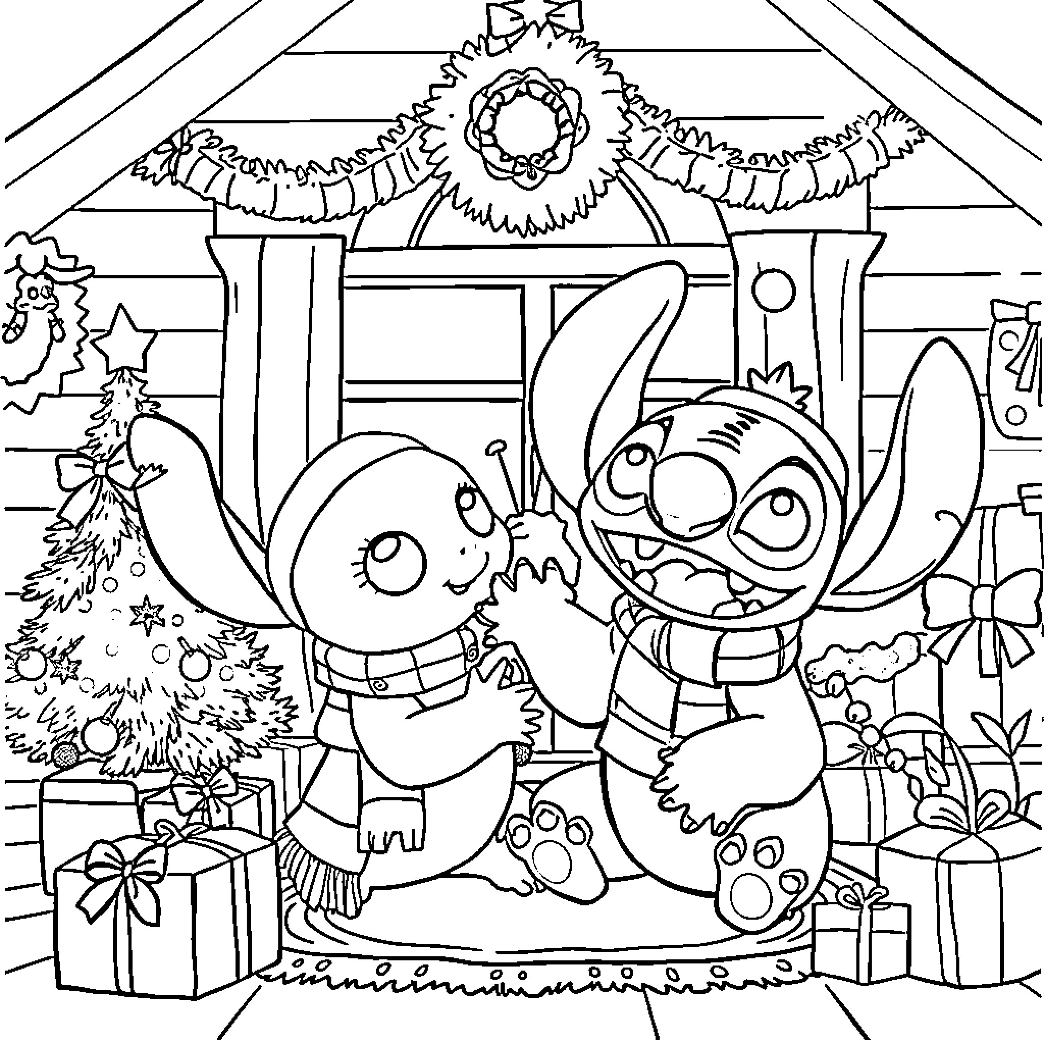 Lilo celebrates the holidays with Stitch Coloring Page (free black-and-white line drawing printable PDF for all, from beginners to advanced learners, including children, teens, adults, and seniors)