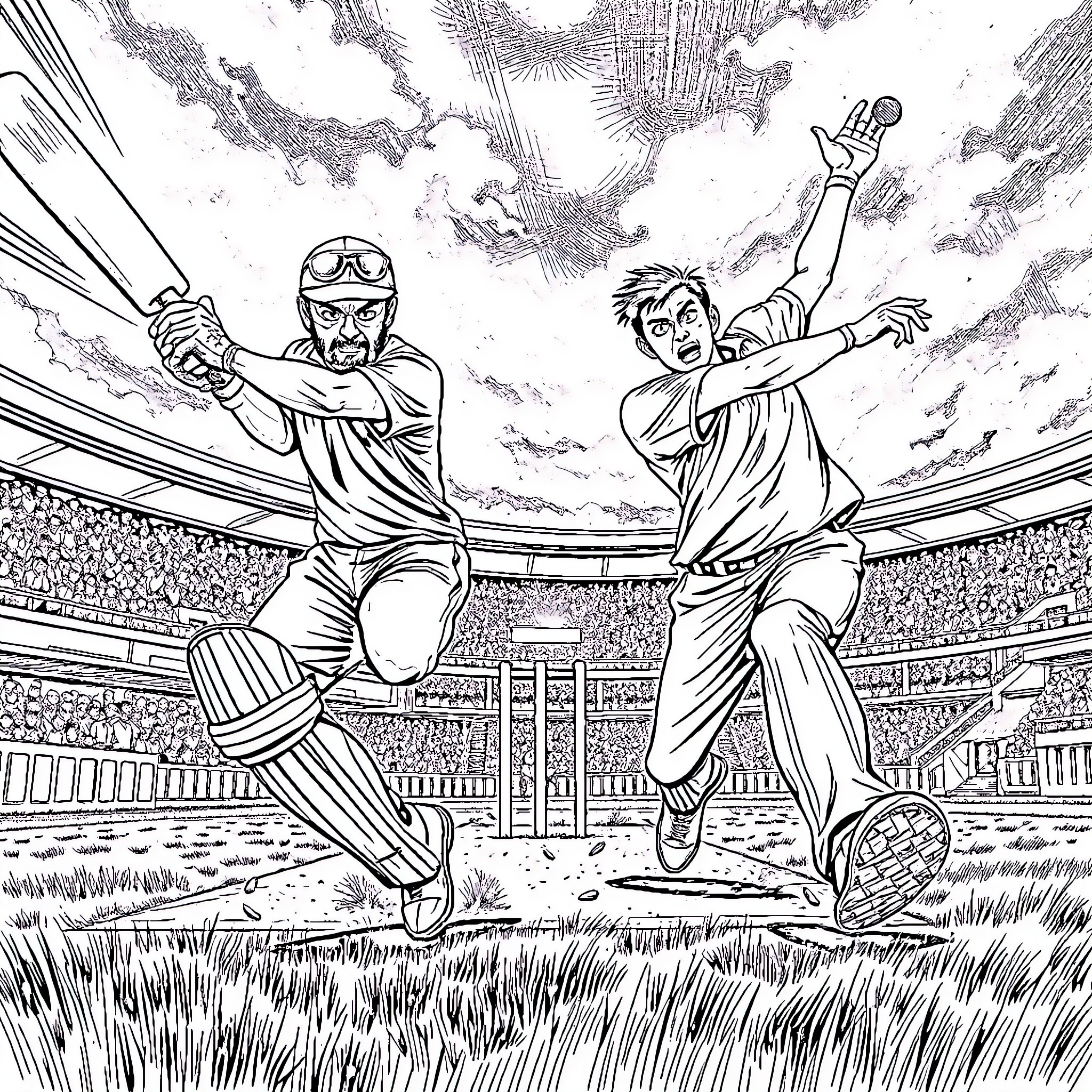Cricket Players in Action on the Pitch Coloring Page (free black-and-white line drawing printable PDF for all, from beginners to advanced learners, including children, teens, adults, and seniors)