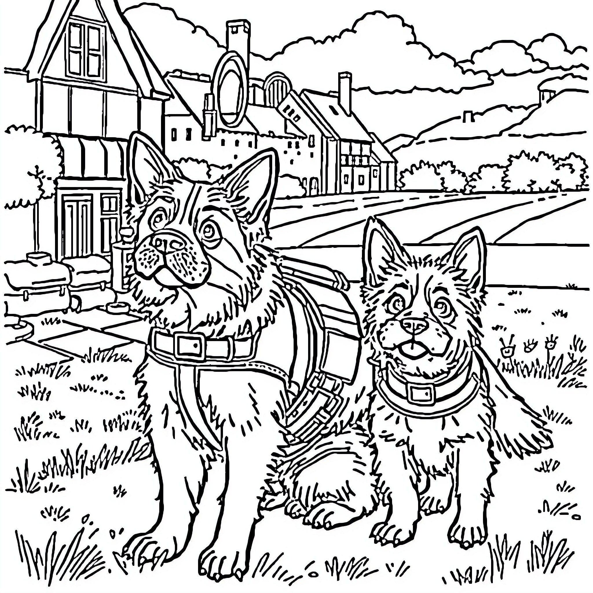 Paw Patrol Pups Explore a Quaint Neighborhood Coloring Page (free black-and-white line drawing printable PDF for all, from beginners to advanced learners, including children, teens, adults, and seniors)