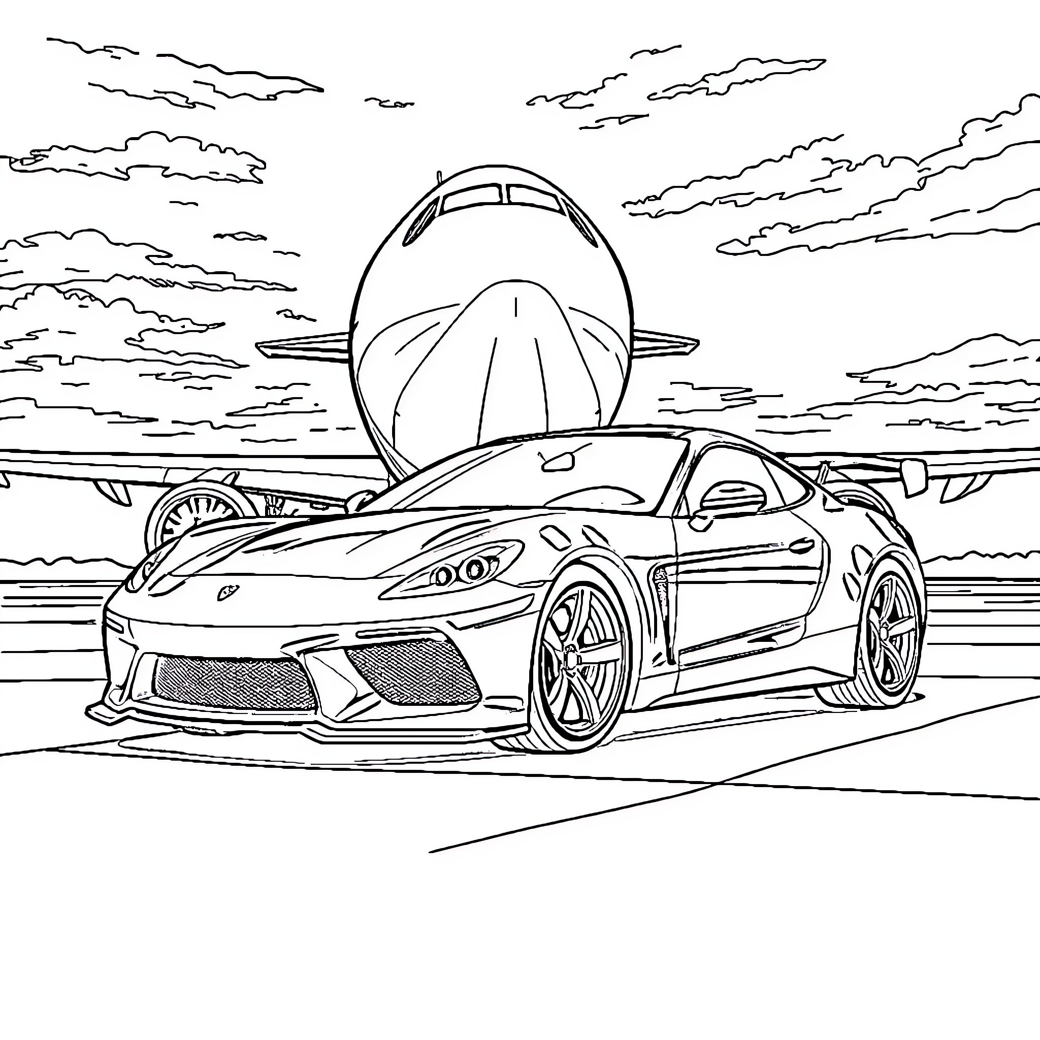 Car Speeding on Runway with Jet in Background Coloring Page (free black-and-white line drawing printable PDF for all, from beginners to advanced learners, including children, teens, adults, and seniors)
