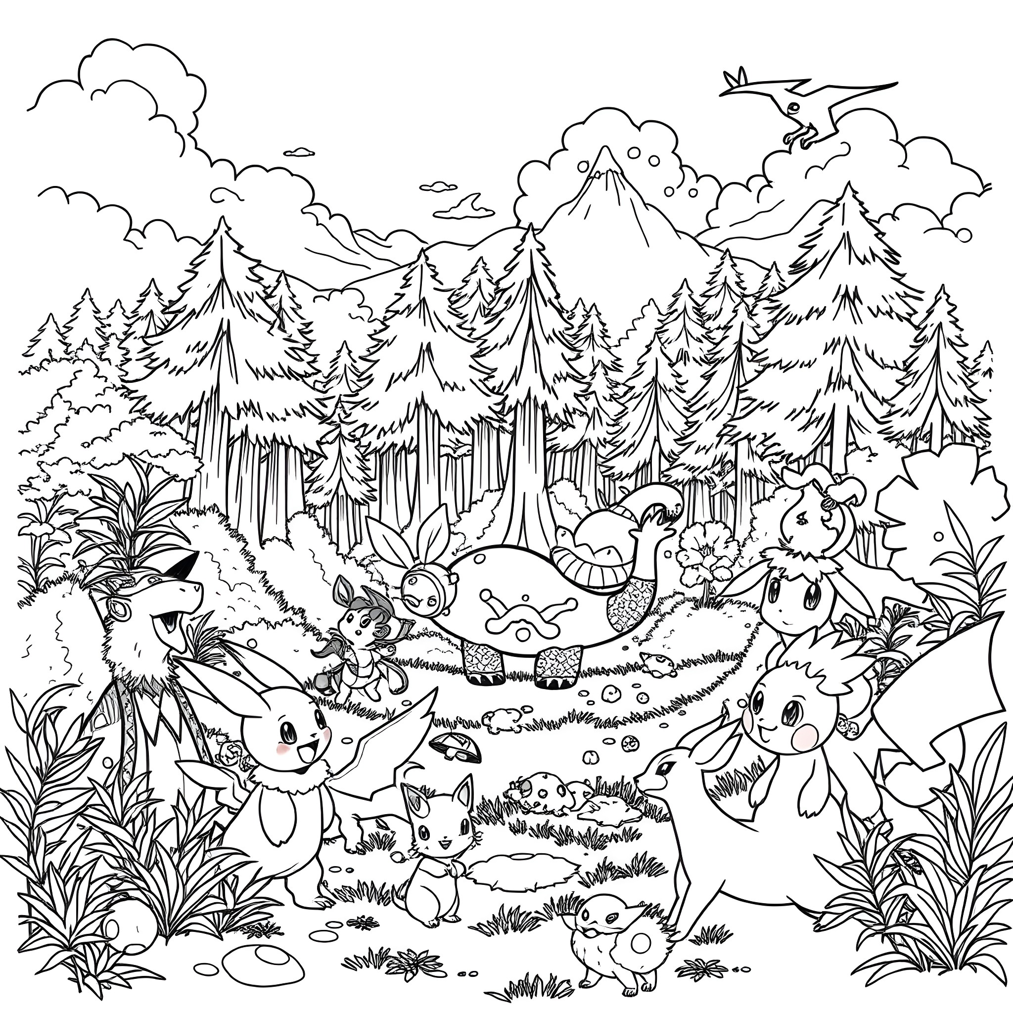 Pokémon exploring the enchanted forest Coloring Page (free black-and-white line drawing printable PDF for all, from beginners to advanced learners, including children, teens, adults, and seniors)