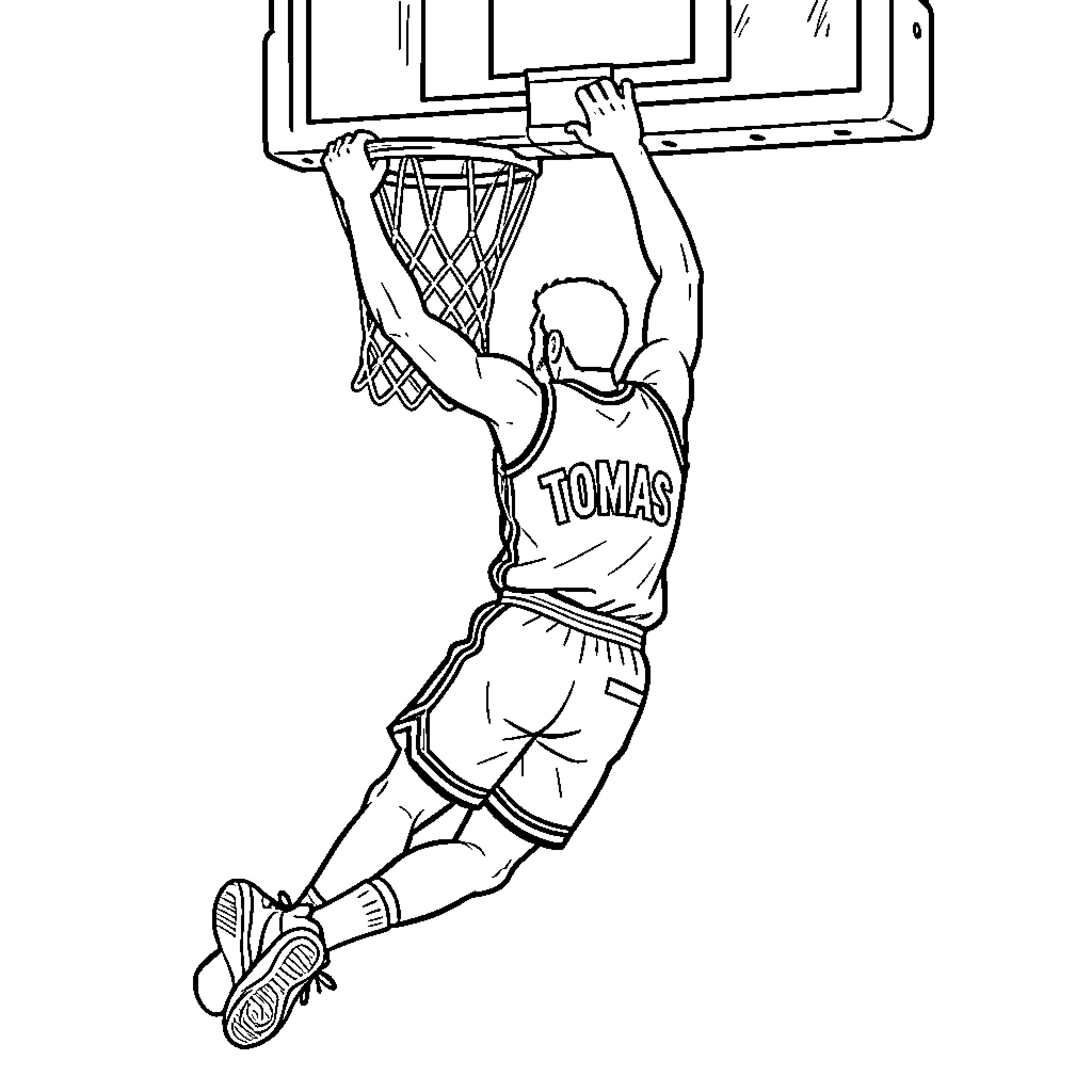 Basketball Player Dunking the Ball Coloring Page (free black-and-white line drawing printable PDF for all, from beginners to advanced learners, including children, teens, adults, and seniors)