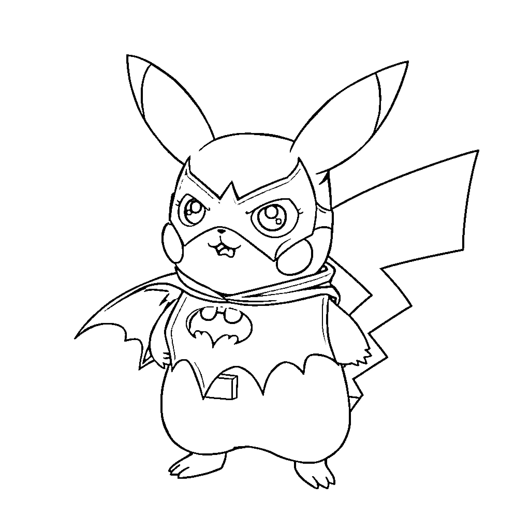 Pikachu dressed as Batman in an action pose Coloring Page (free black-and-white line drawing printable PDF for all, from beginners to advanced learners, including children, teens, adults, and seniors)