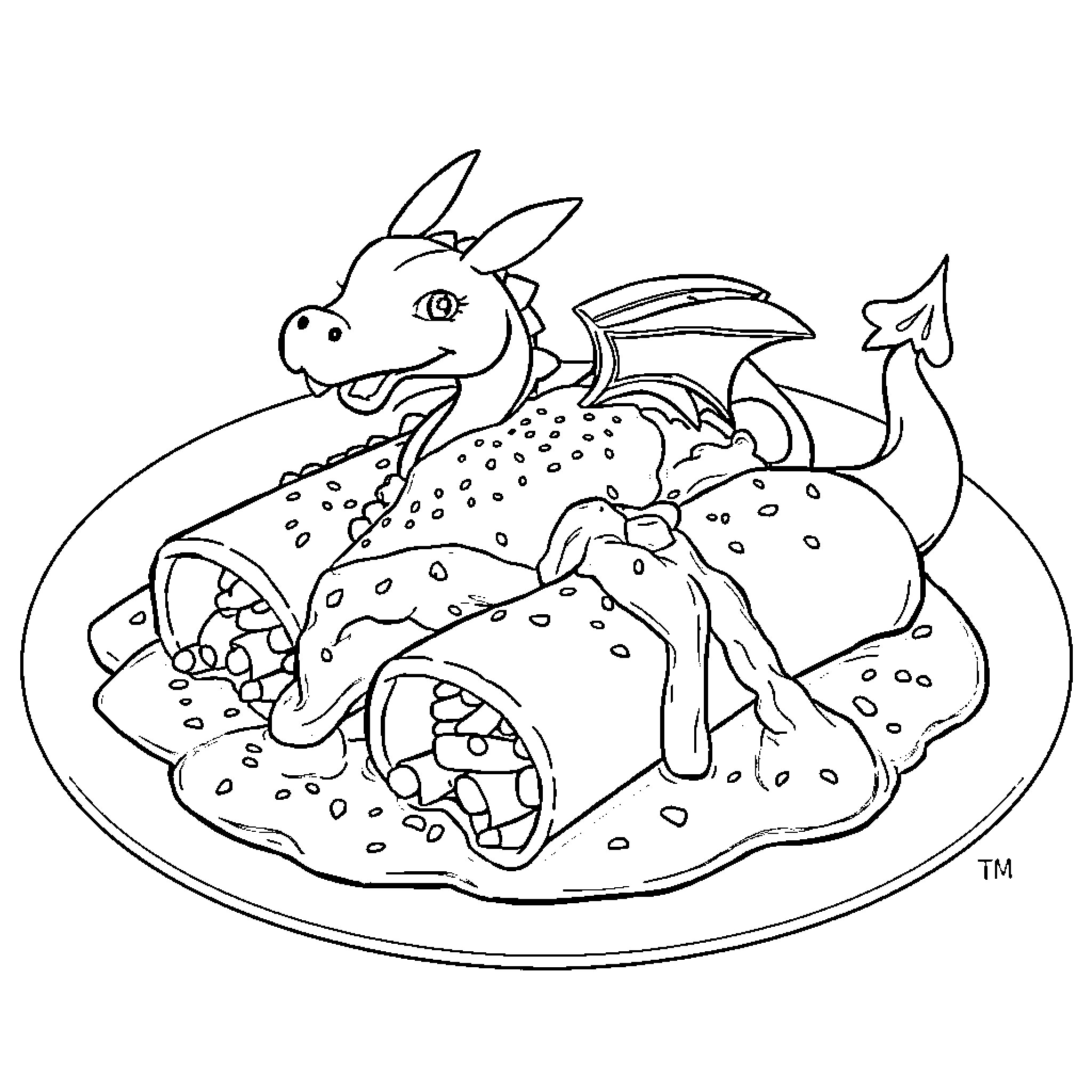 Dragon feasting on a delicious meal Coloring Page (free black-and-white line drawing printable PDF for all, from beginners to advanced learners, including children, teens, adults, and seniors)