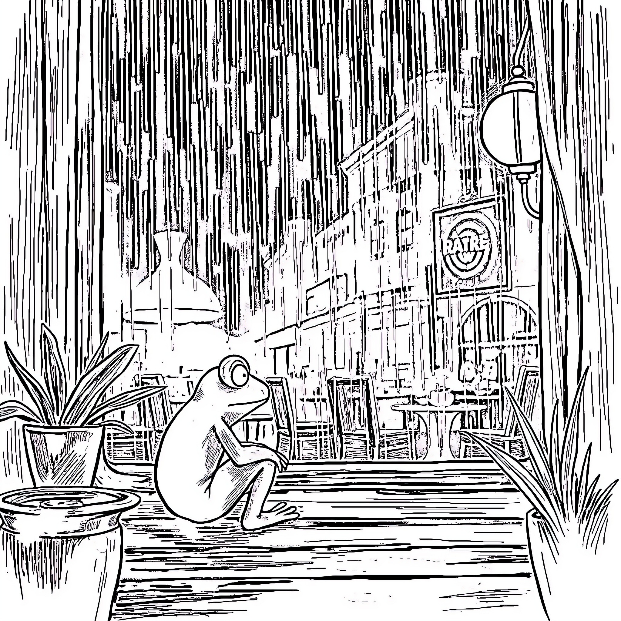 Frog sitting alone in rainy urban setting Coloring Page (free black-and-white line drawing printable PDF for all, from beginners to advanced learners, including children, teens, adults, and seniors)