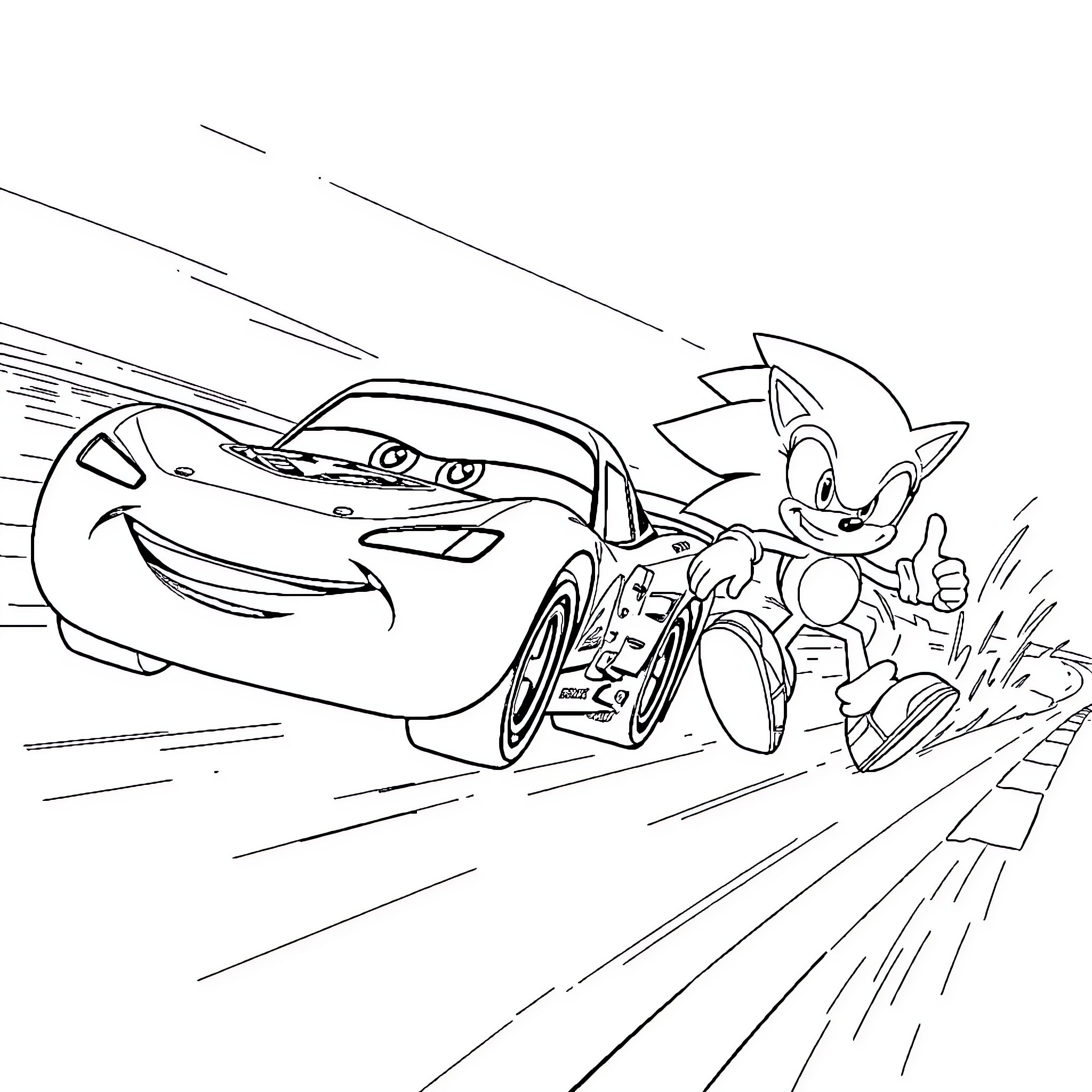 Lightning McQueen racing with Sonic the Hedgehog Coloring Page (free black-and-white line drawing printable PDF for all, from beginners to advanced learners, including children, teens, adults, and seniors)