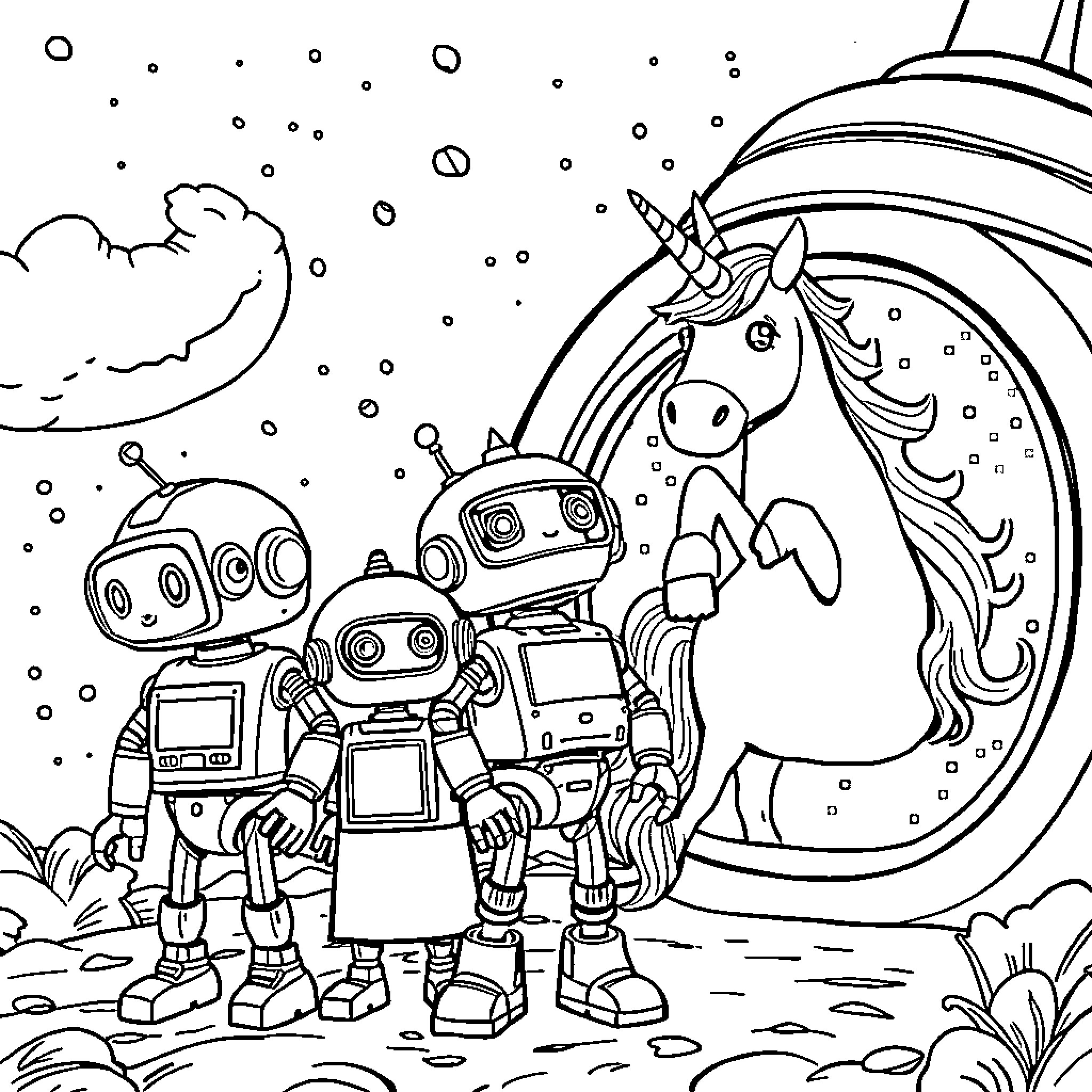 Robot Explorers Meet Magical Unicorn in Snowy Landscape Coloring Page (free black-and-white line drawing printable PDF for all, from beginners to advanced learners, including children, teens, adults, and seniors)