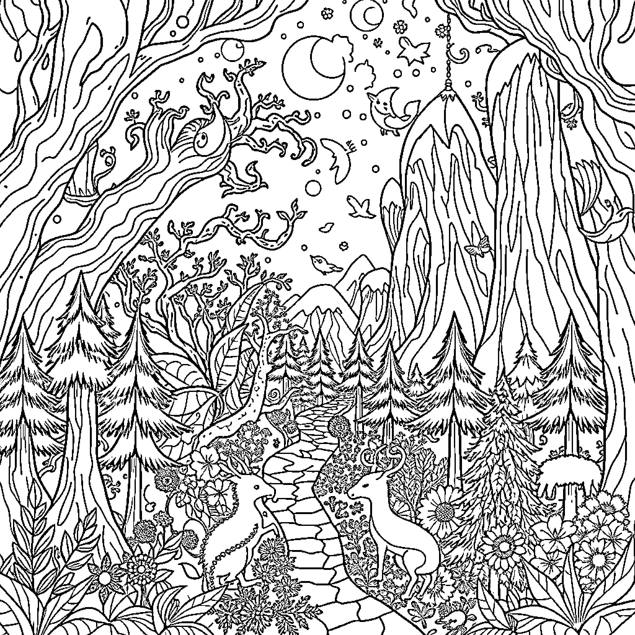 Fantasy World of Magical Woodland Creatures Coloring Page (free black-and-white line drawing printable PDF for all, from beginners to advanced learners, including children, teens, adults, and seniors)