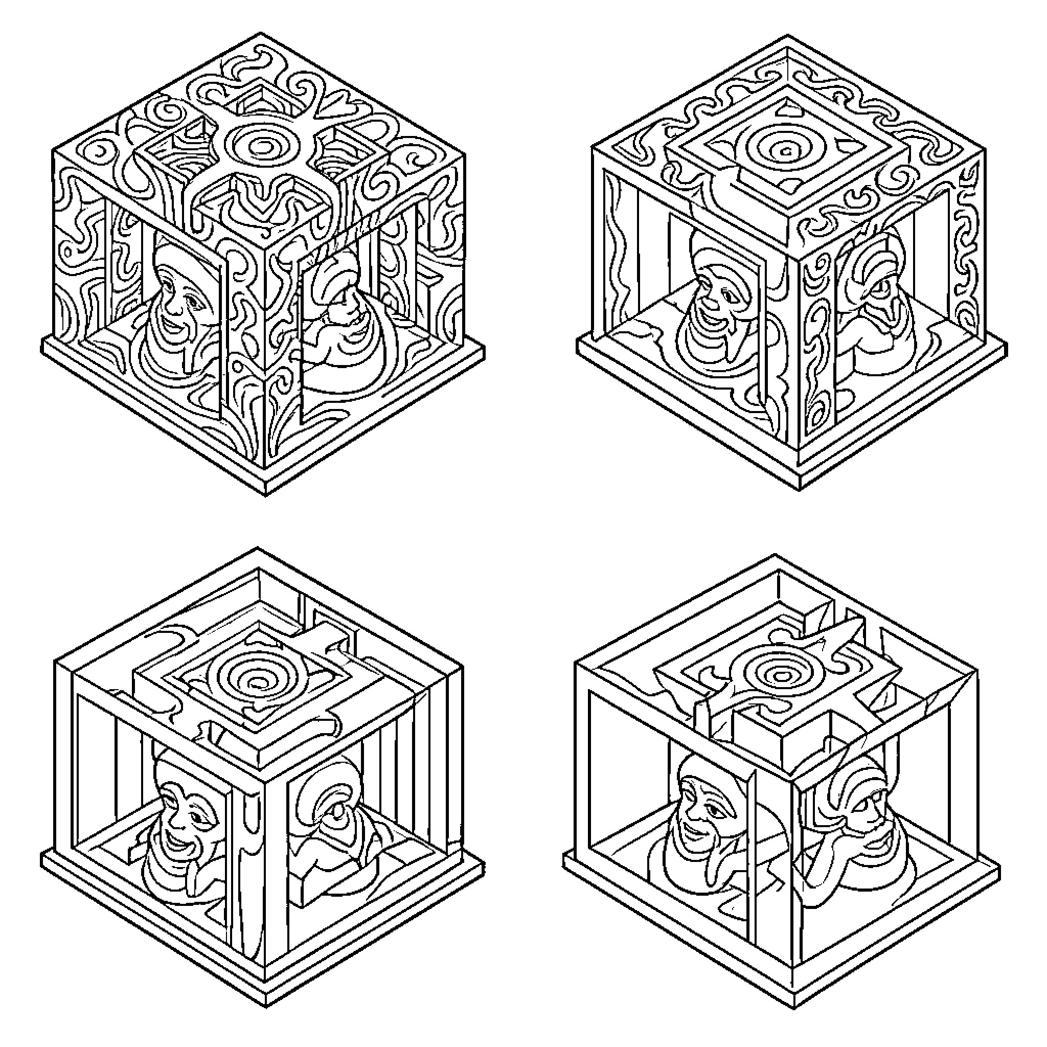 Stereograms of abstract geometric cubes Coloring Page (free black-and-white line drawing printable PDF for all, from beginners to advanced learners, including children, teens, adults, and seniors)