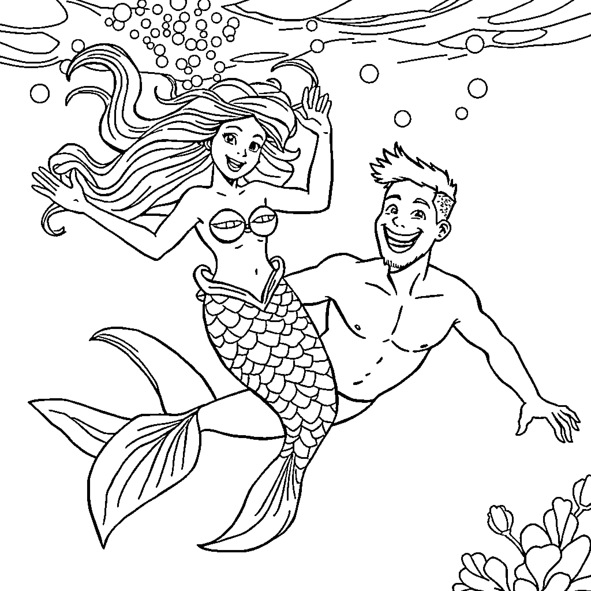 Mermaid couple exploring underwater world Coloring Page (free black-and-white line drawing printable PDF for all, from beginners to advanced learners, including children, teens, adults, and seniors)