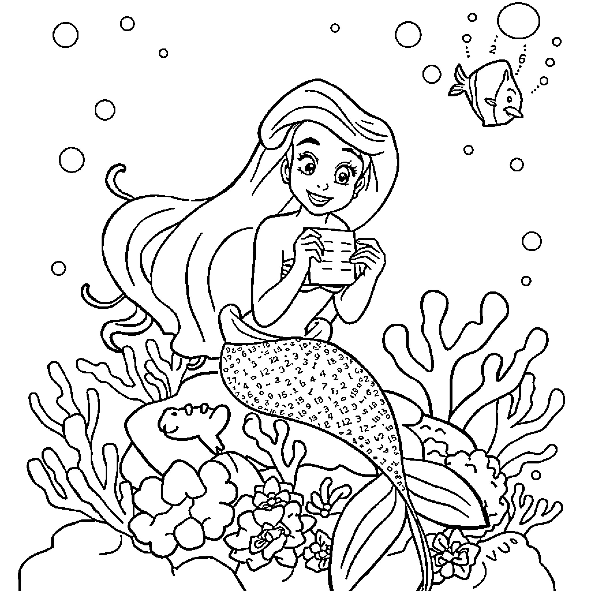 Ariel exploring the underwater world Coloring Page (free black-and-white line drawing printable PDF for all, from beginners to advanced learners, including children, teens, adults, and seniors)