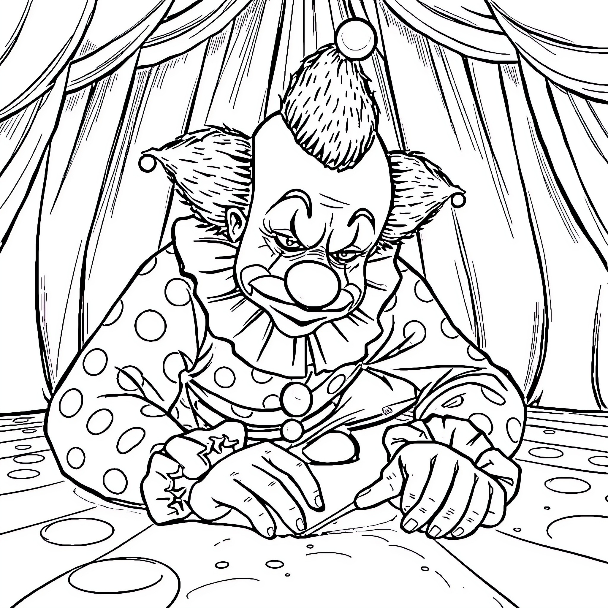 Clown in Circus Performing with Expressive Features Coloring Page (free black-and-white line drawing printable PDF for all, from beginners to advanced learners, including children, teens, adults, and seniors)