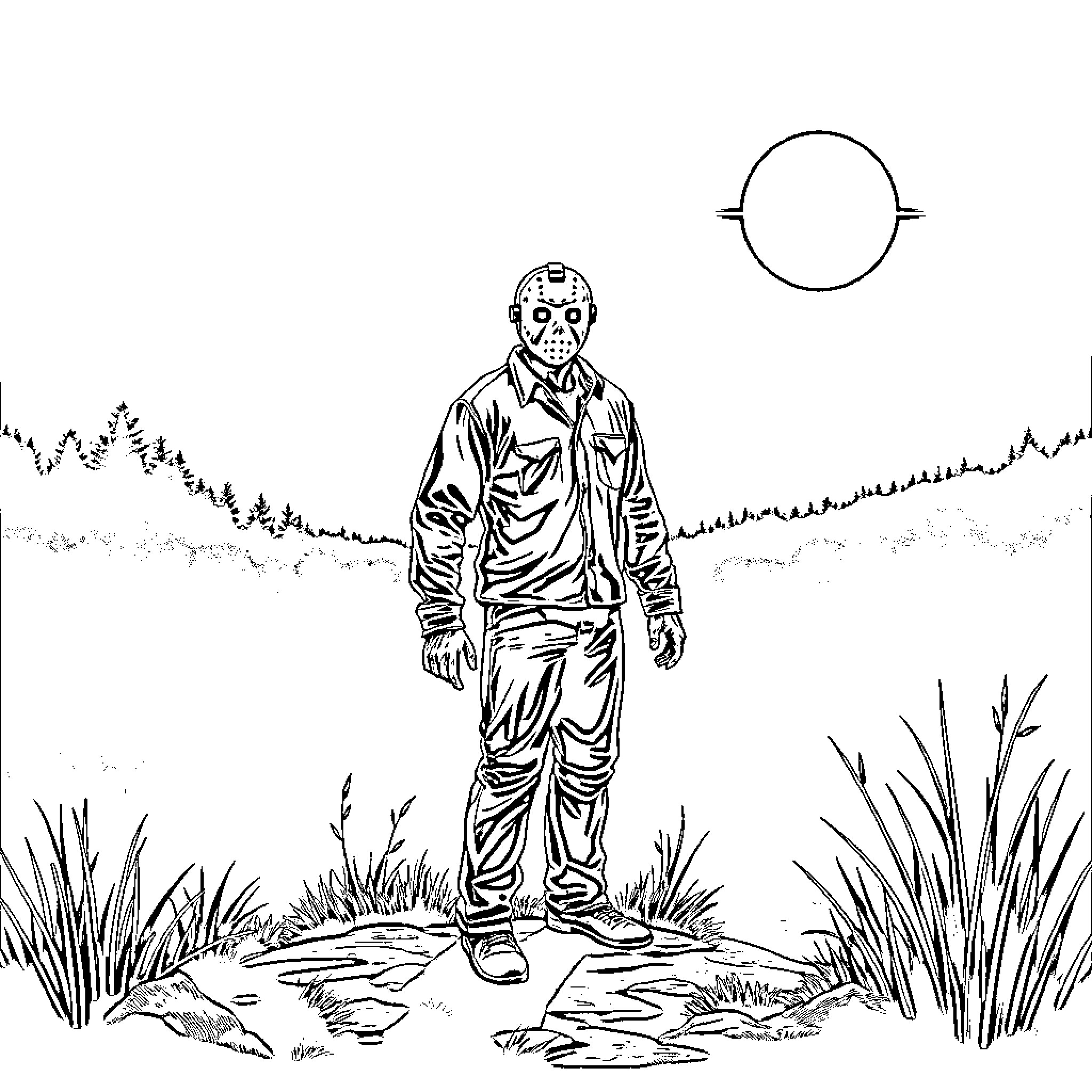 Jason walking through the peaceful wilderness Coloring Page (free black-and-white line drawing printable PDF for all, from beginners to advanced learners, including children, teens, adults, and seniors)
