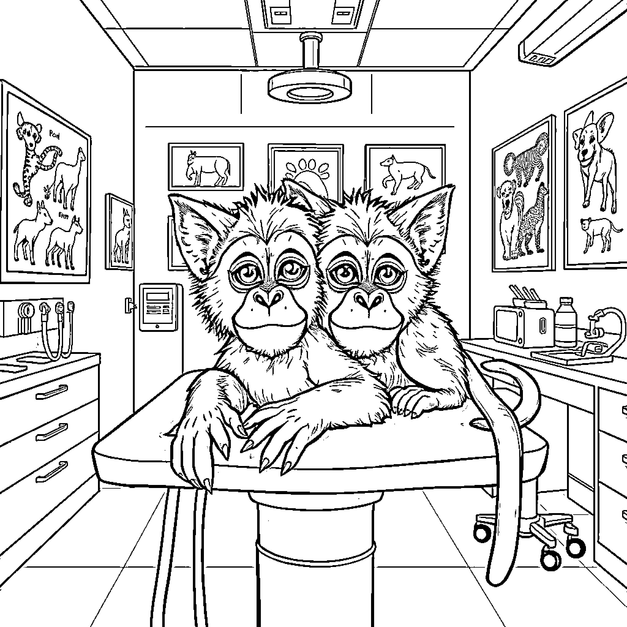 Mutant Monkey Cats Sharing an Exam Room Coloring Page (free black-and-white line drawing printable PDF for all, from beginners to advanced learners, including children, teens, adults, and seniors)