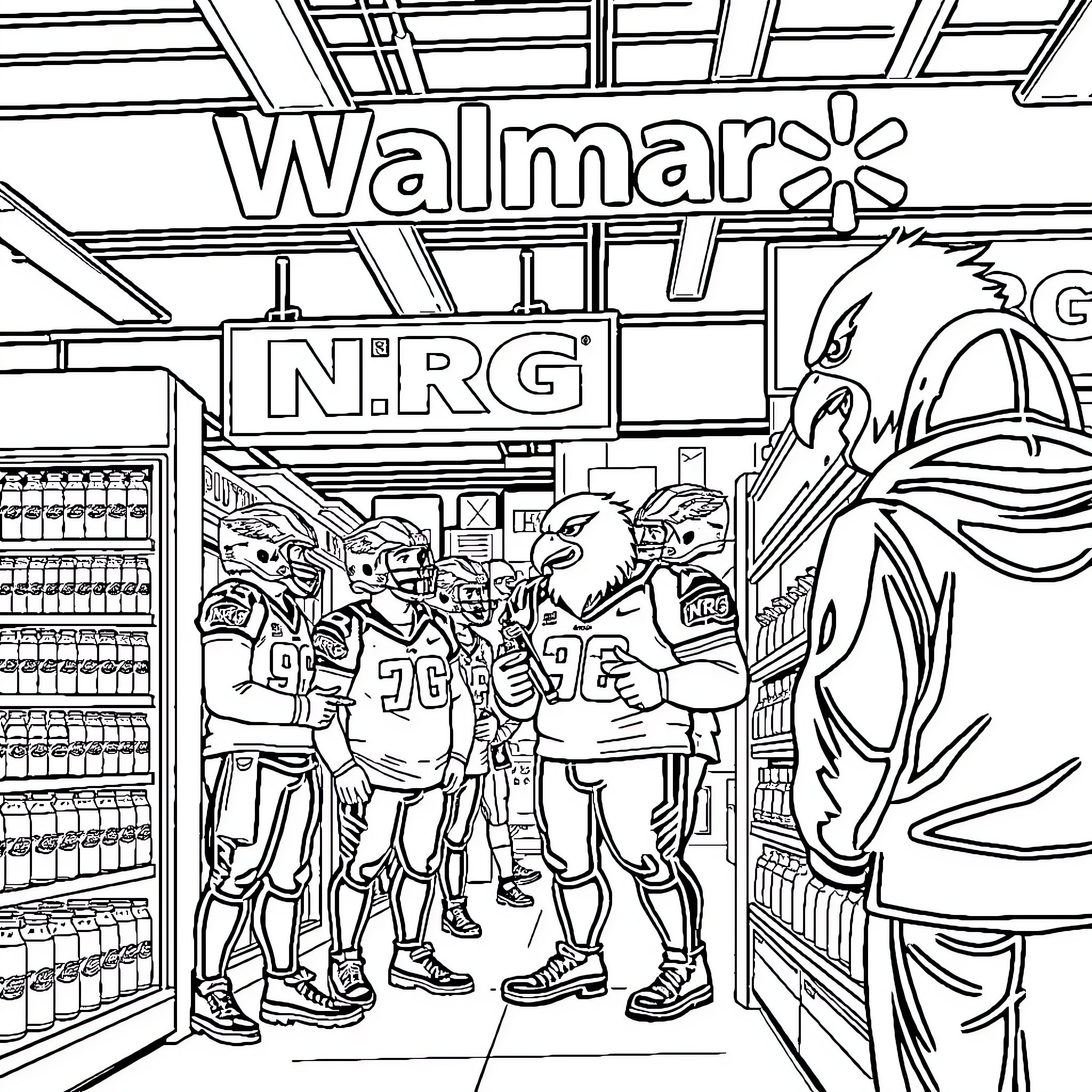 Eagle Teammates Preparing for Game at Walmart Coloring Page (free black-and-white line drawing printable PDF for all, from beginners to advanced learners, including children, teens, adults, and seniors)