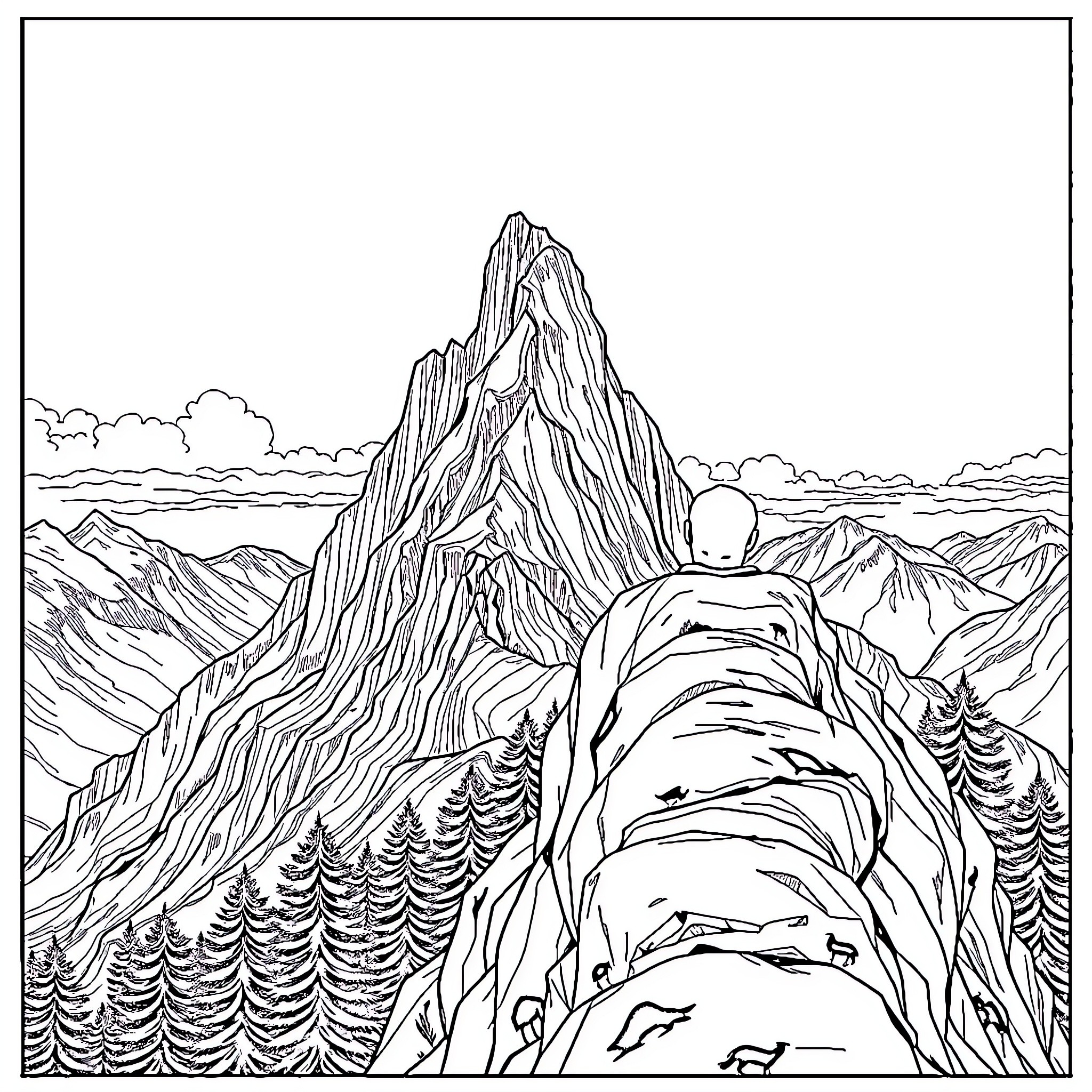 Phare Solitary Figure Facing Mountain Landscape Coloring Page (free black-and-white line drawing printable PDF for all, from beginners to advanced learners, including children, teens, adults, and seniors)
