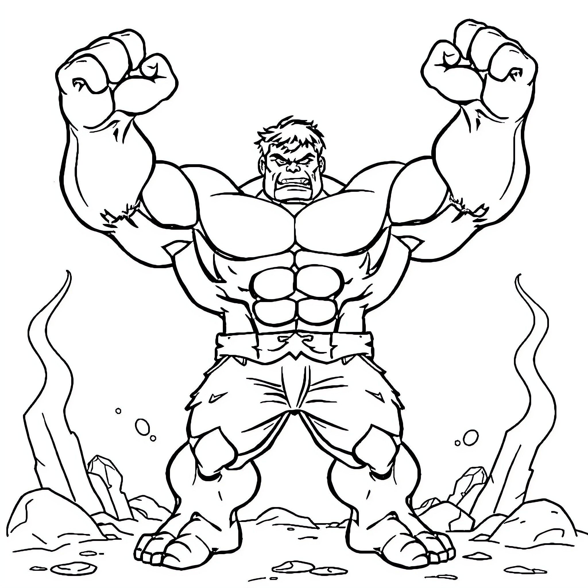 Hulk Flexing Powerful Muscles in Defiant Pose Coloring Page (free black-and-white line drawing printable PDF for all, from beginners to advanced learners, including children, teens, adults, and seniors)