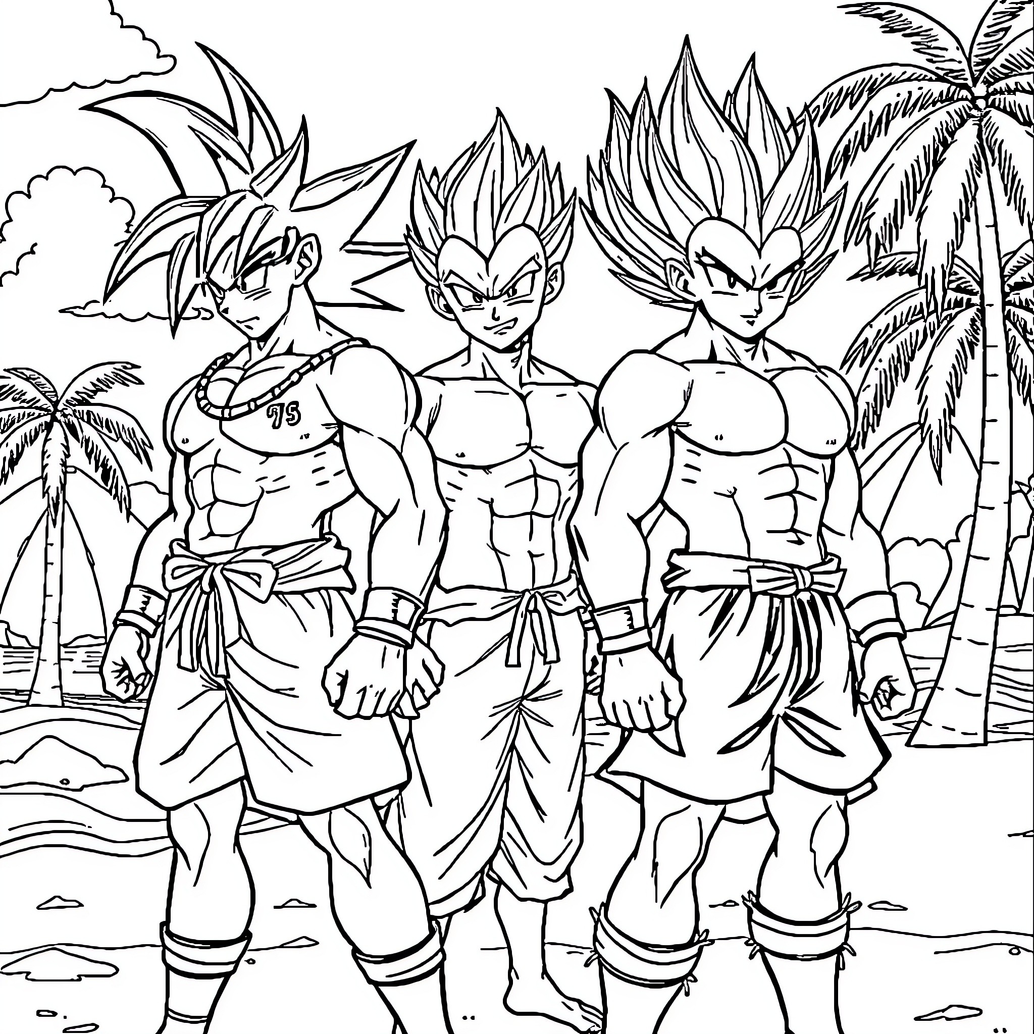 Dragon Ball Z: Powerful Warrior Trio in Beach Scene Coloring Page (free black-and-white line drawing printable PDF for all, from beginners to advanced learners, including children, teens, adults, and seniors)