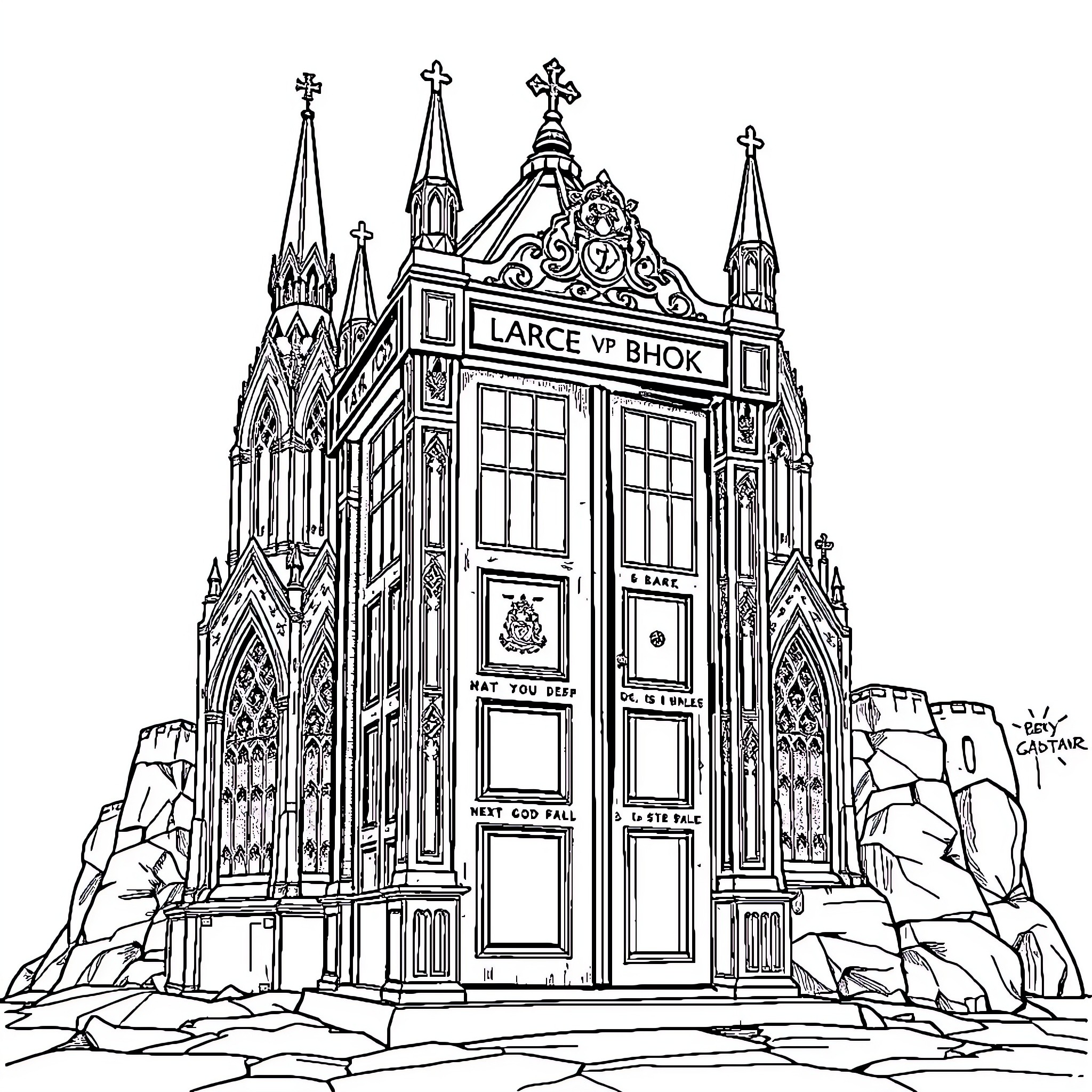 TARDIS on a Majestic Gothic Cathedral Coloring Page (free black-and-white line drawing printable PDF for all, from beginners to advanced learners, including children, teens, adults, and seniors)