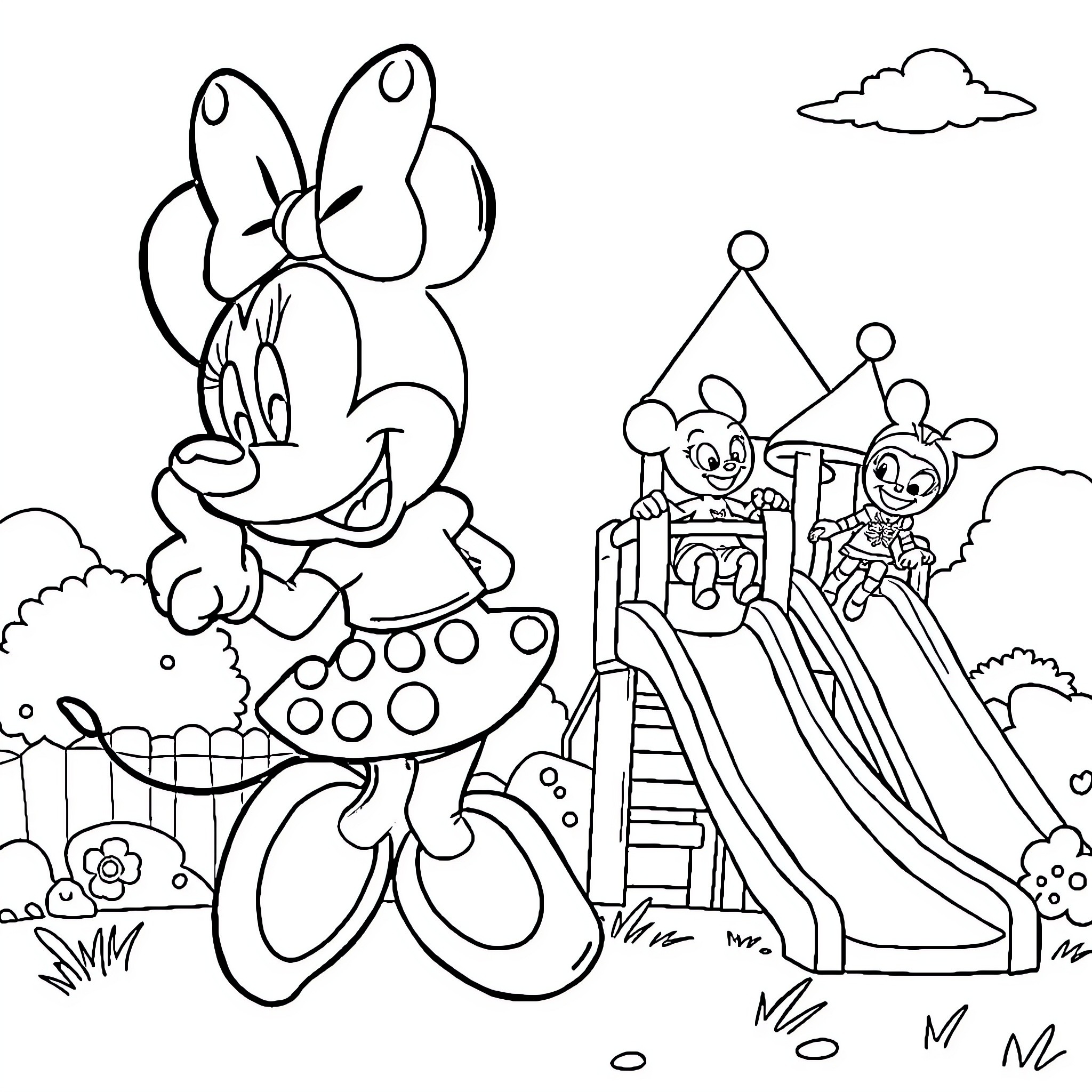 Minnie Mouse enjoying a day at the playground Coloring Page (free black-and-white line drawing printable PDF for all, from beginners to advanced learners, including children, teens, adults, and seniors)