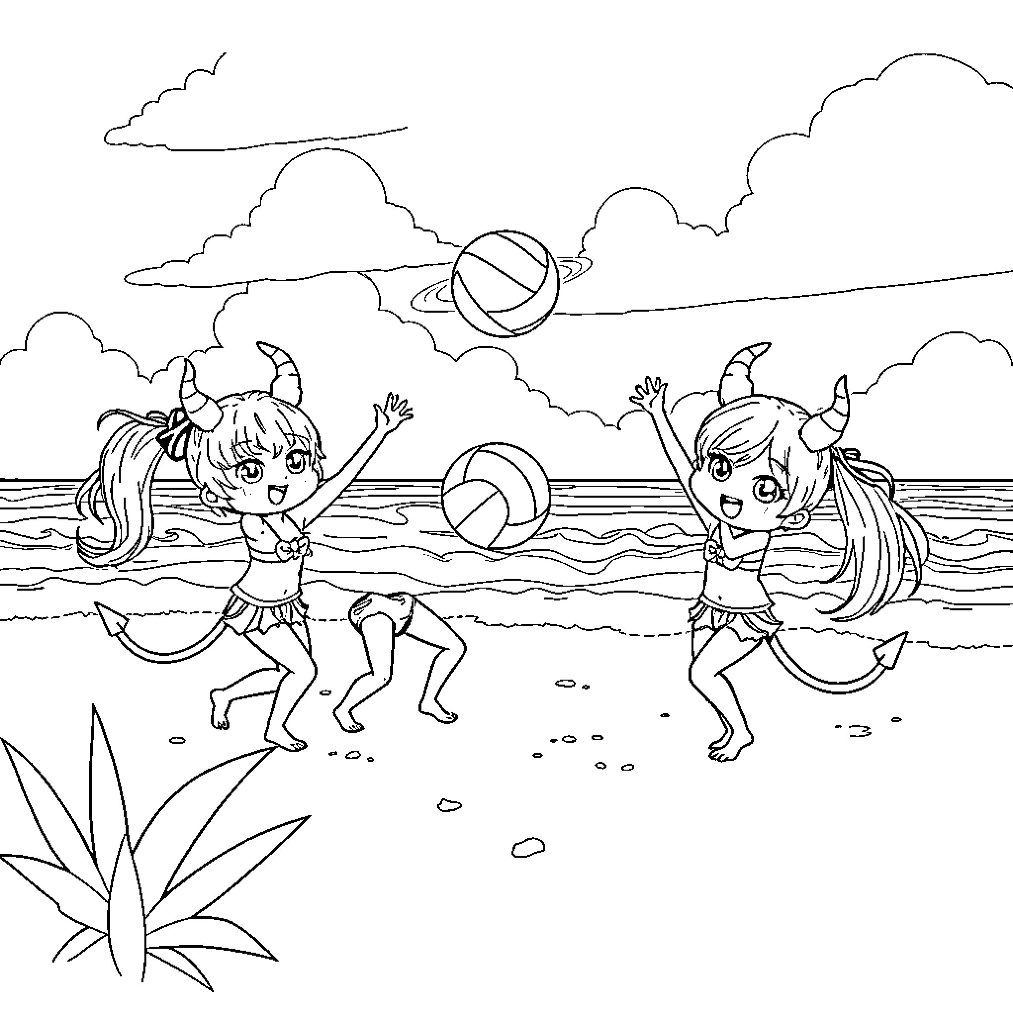 Demon girls playing joyfully on the beach Coloring Page (free black-and-white line drawing printable PDF for all, from beginners to advanced learners, including children, teens, adults, and seniors)