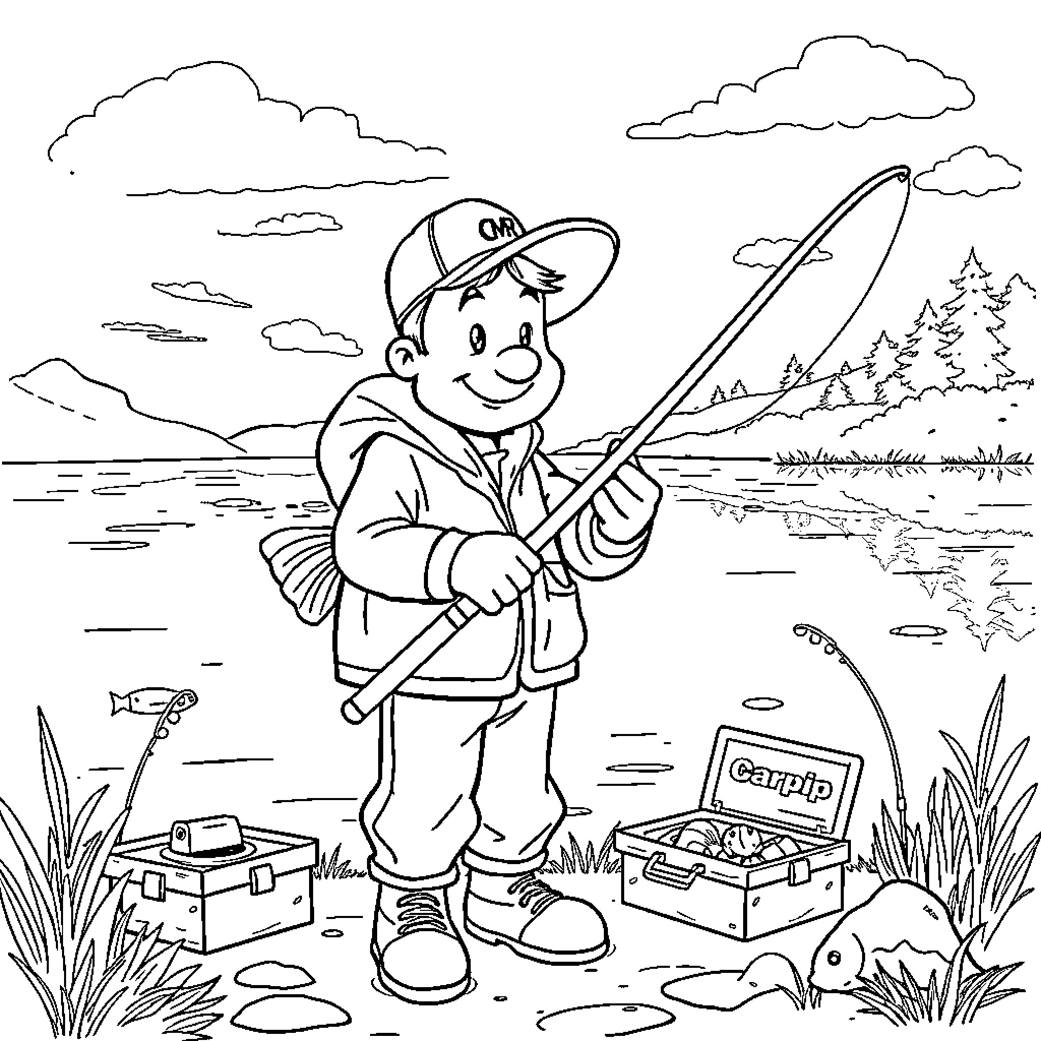 Mr. Bobbin's Fishing Adventure Coloring Page (free black-and-white line drawing printable PDF for all, from beginners to advanced learners, including children, teens, adults, and seniors)