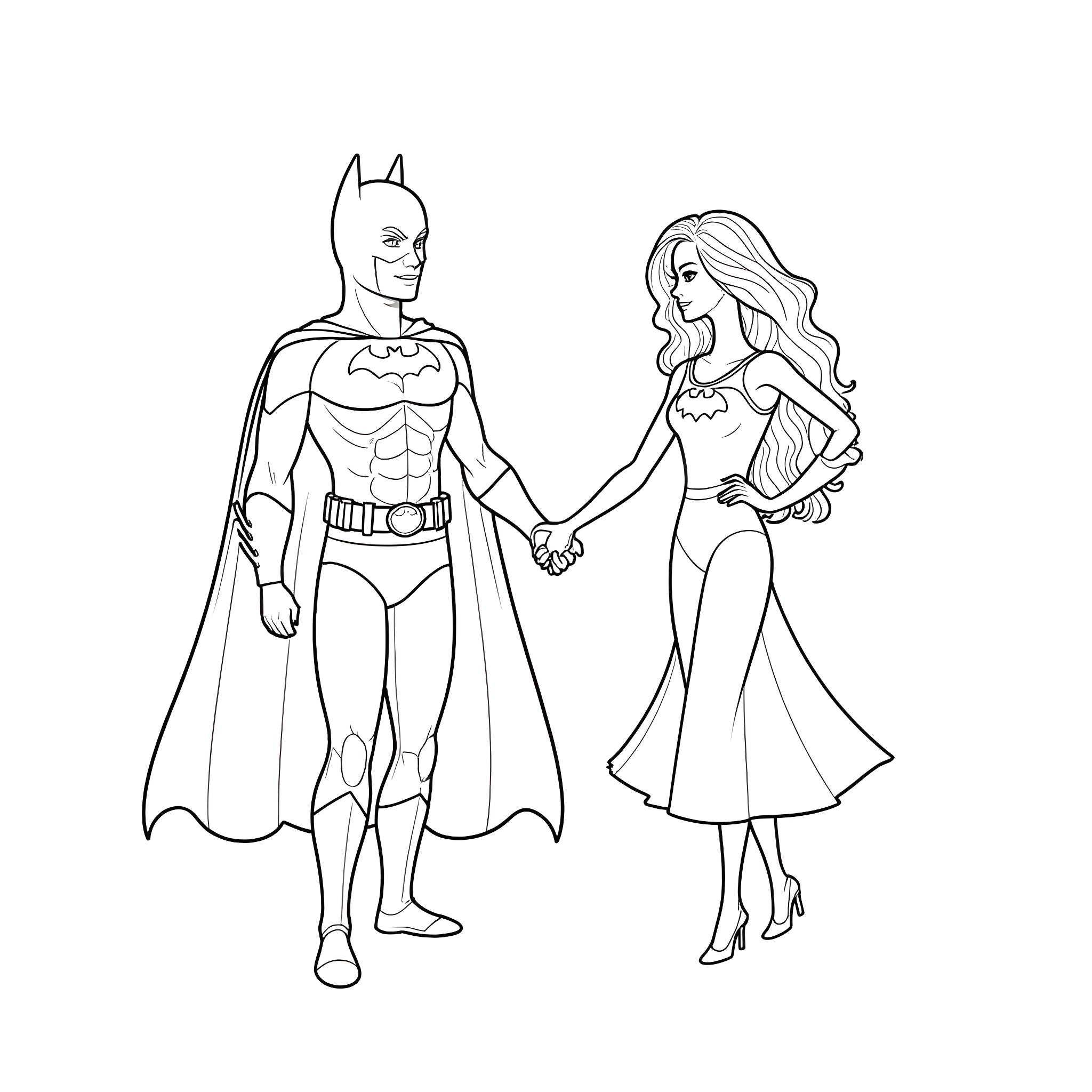 Barbie and Batman holding hands in romantic moment Coloring Page (free black-and-white line drawing printable PDF for all, from beginners to advanced learners, including children, teens, adults, and seniors)