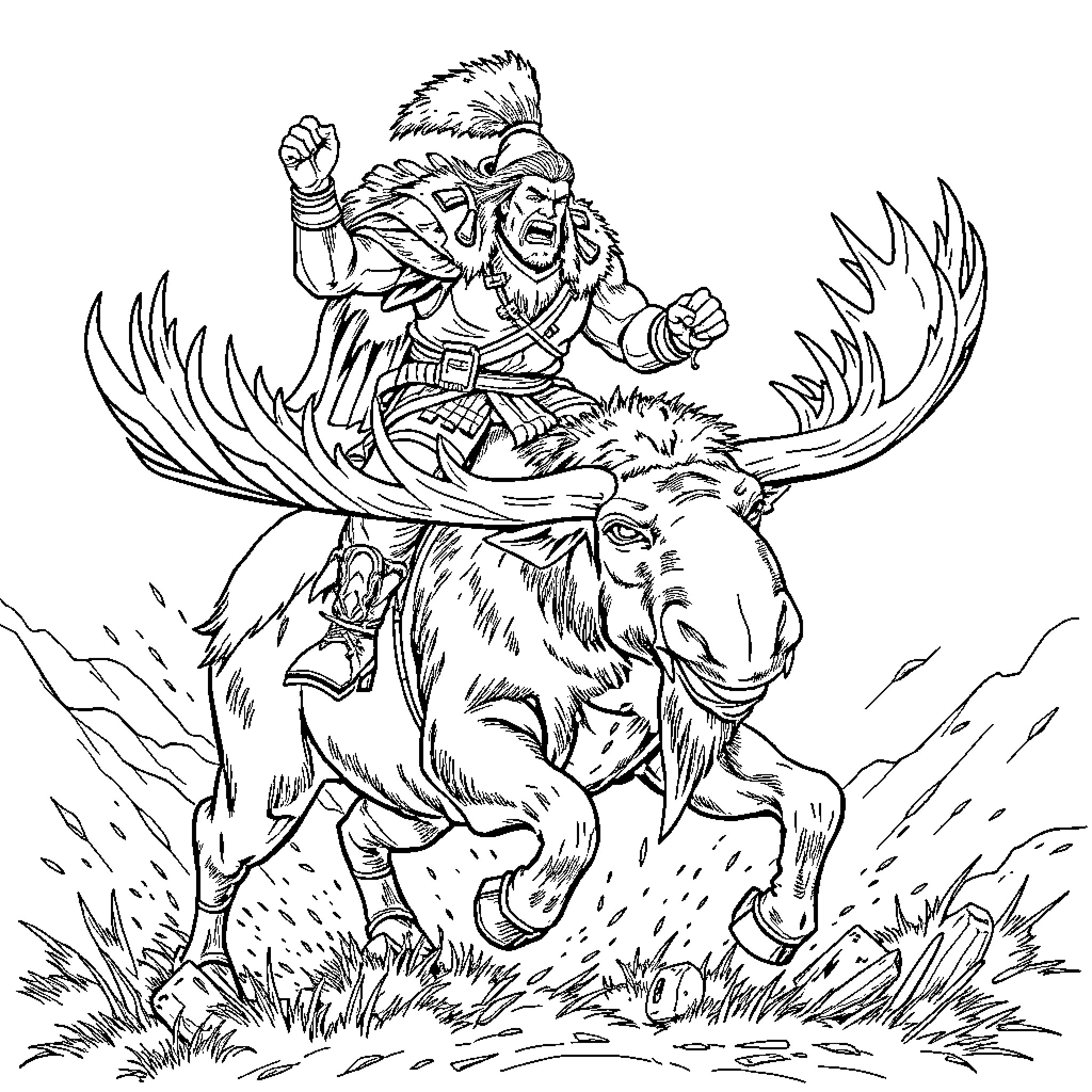 Warrior rides ferocious beast through treacherous terrain Coloring Page (free black-and-white line drawing printable PDF for all, from beginners to advanced learners, including children, teens, adults, and seniors)