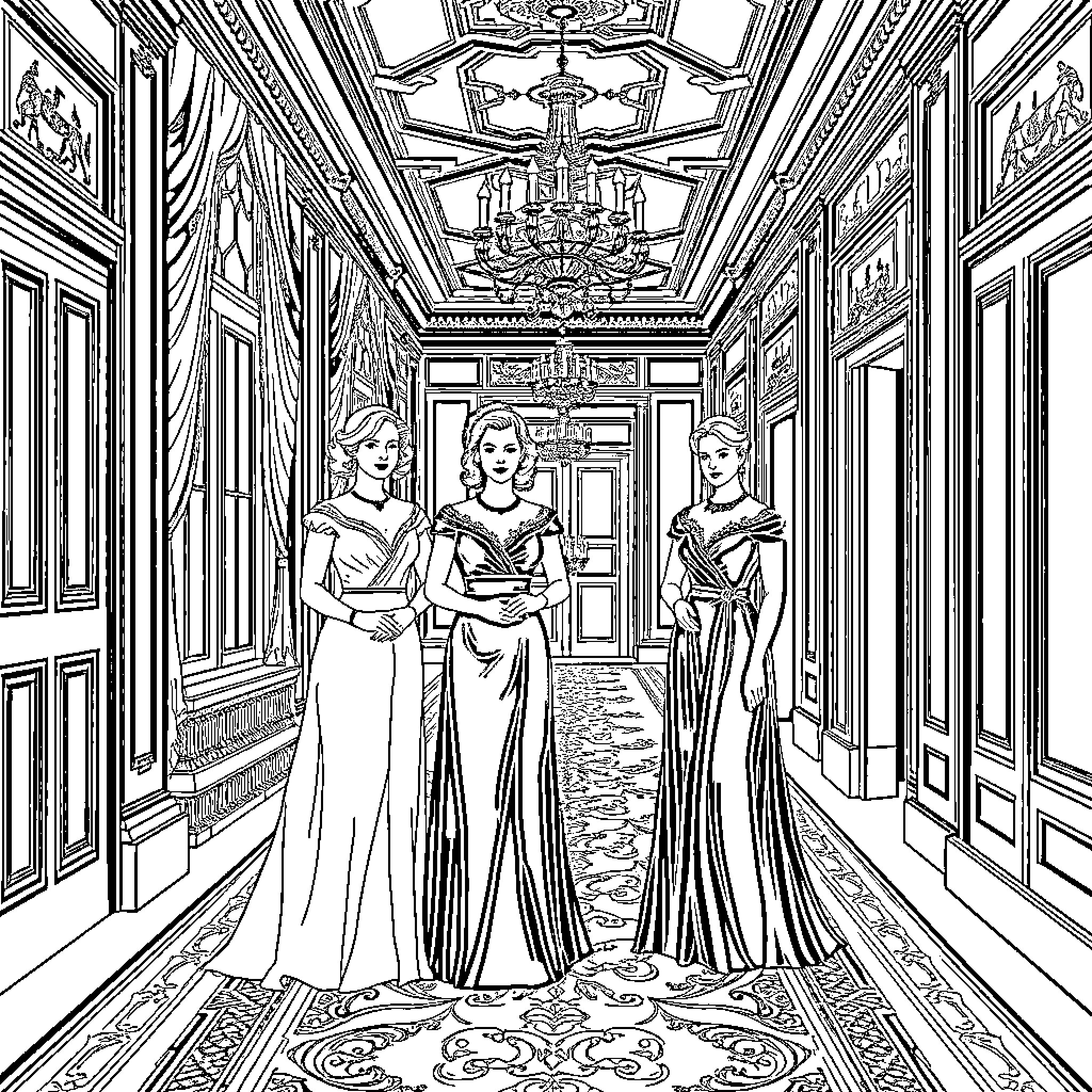 Sisters in Elegant Formal Attire in a Grand Interior Coloring Page (free black-and-white line drawing printable PDF for all, from beginners to advanced learners, including children, teens, adults, and seniors)