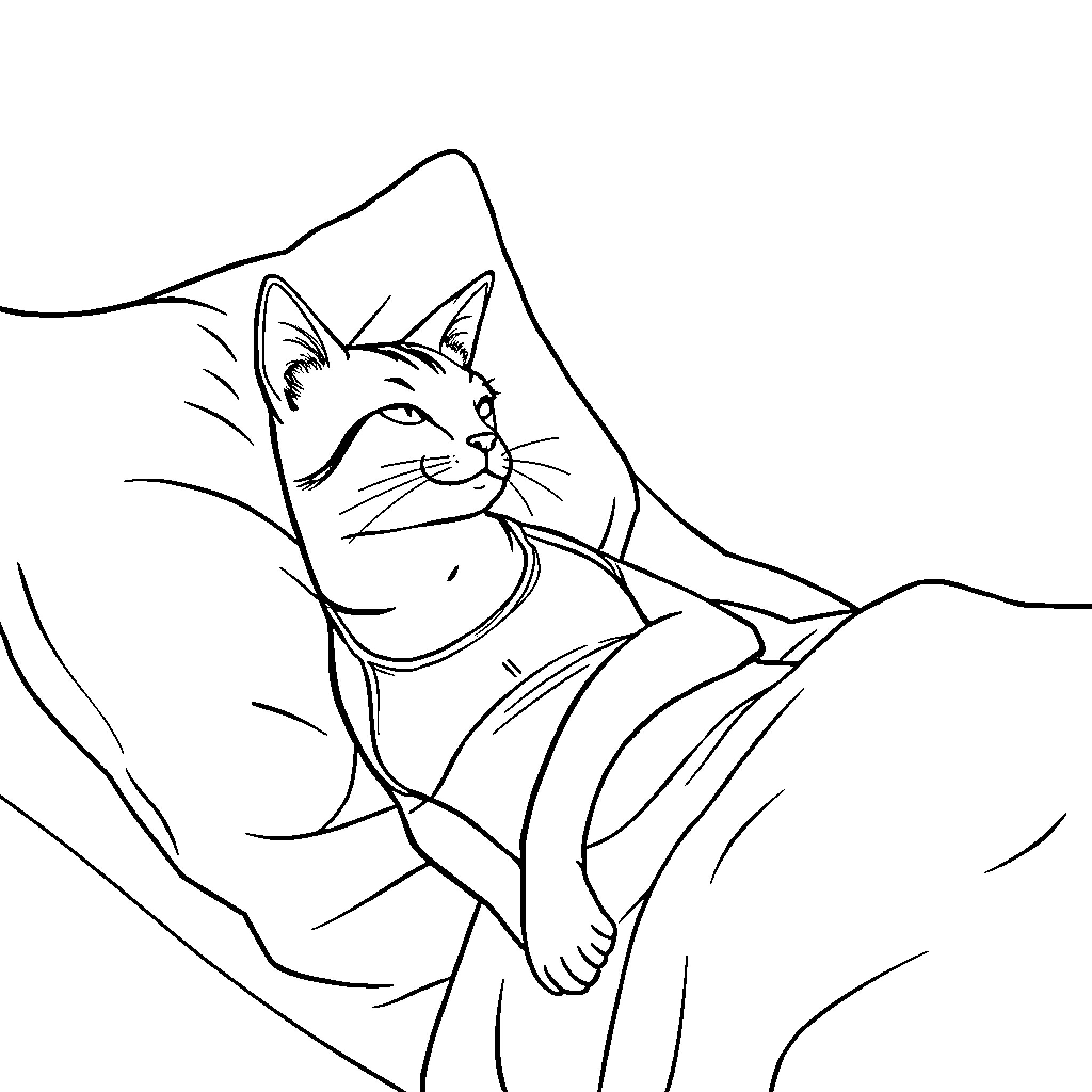 Inata Cat Resting Peacefully Coloring Page (free black-and-white line drawing printable PDF for all, from beginners to advanced learners, including children, teens, adults, and seniors)