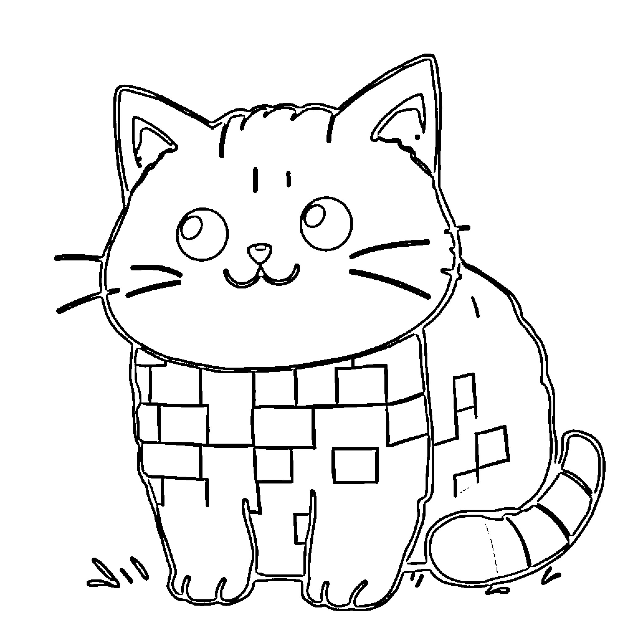 Creeper cat playing with toy blocks Coloring Page (free black-and-white line drawing printable PDF for all, from beginners to advanced learners, including children, teens, adults, and seniors)
