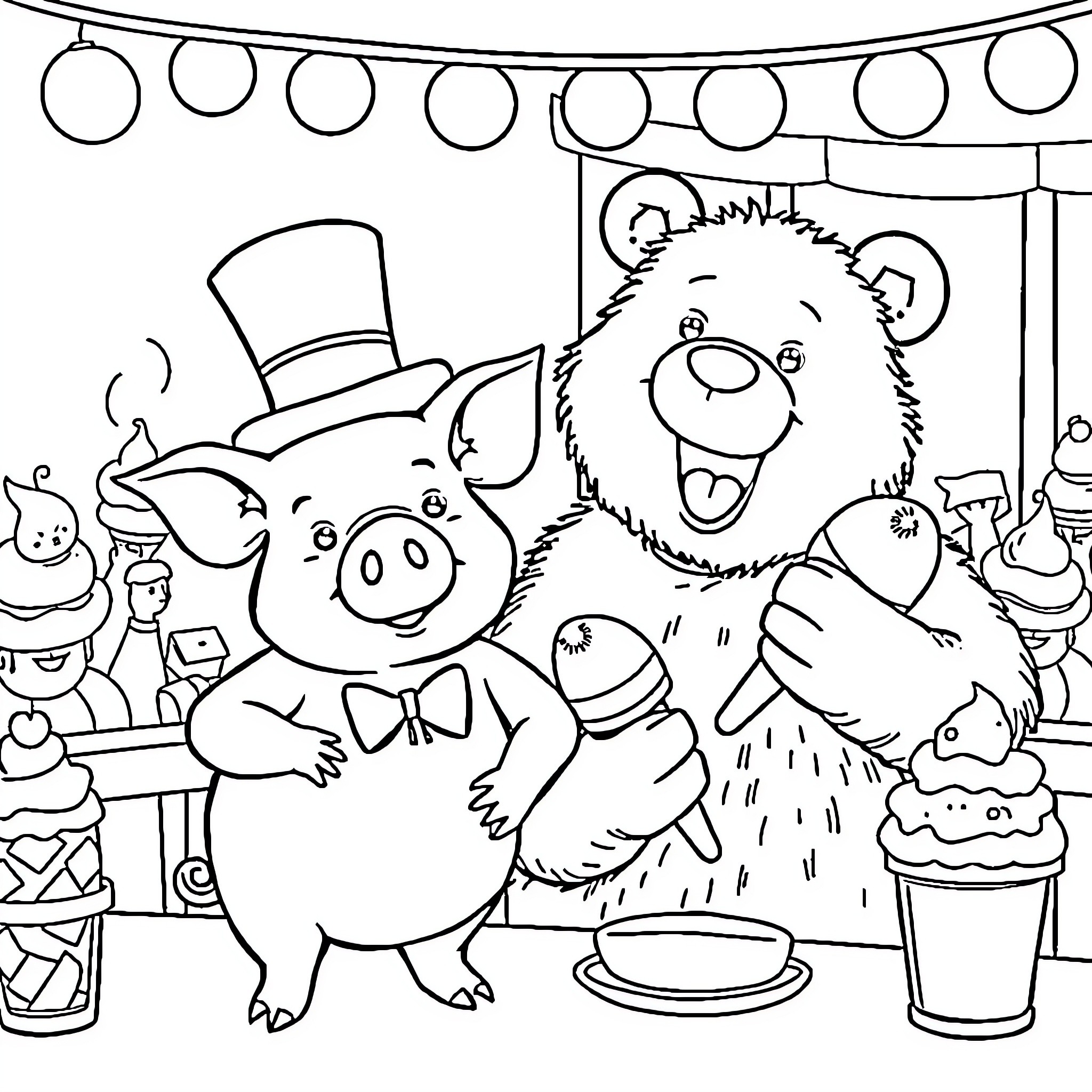 Pig and Bear Celebrate at Party Coloring Page (free black-and-white line drawing printable PDF for all, from beginners to advanced learners, including children, teens, adults, and seniors)