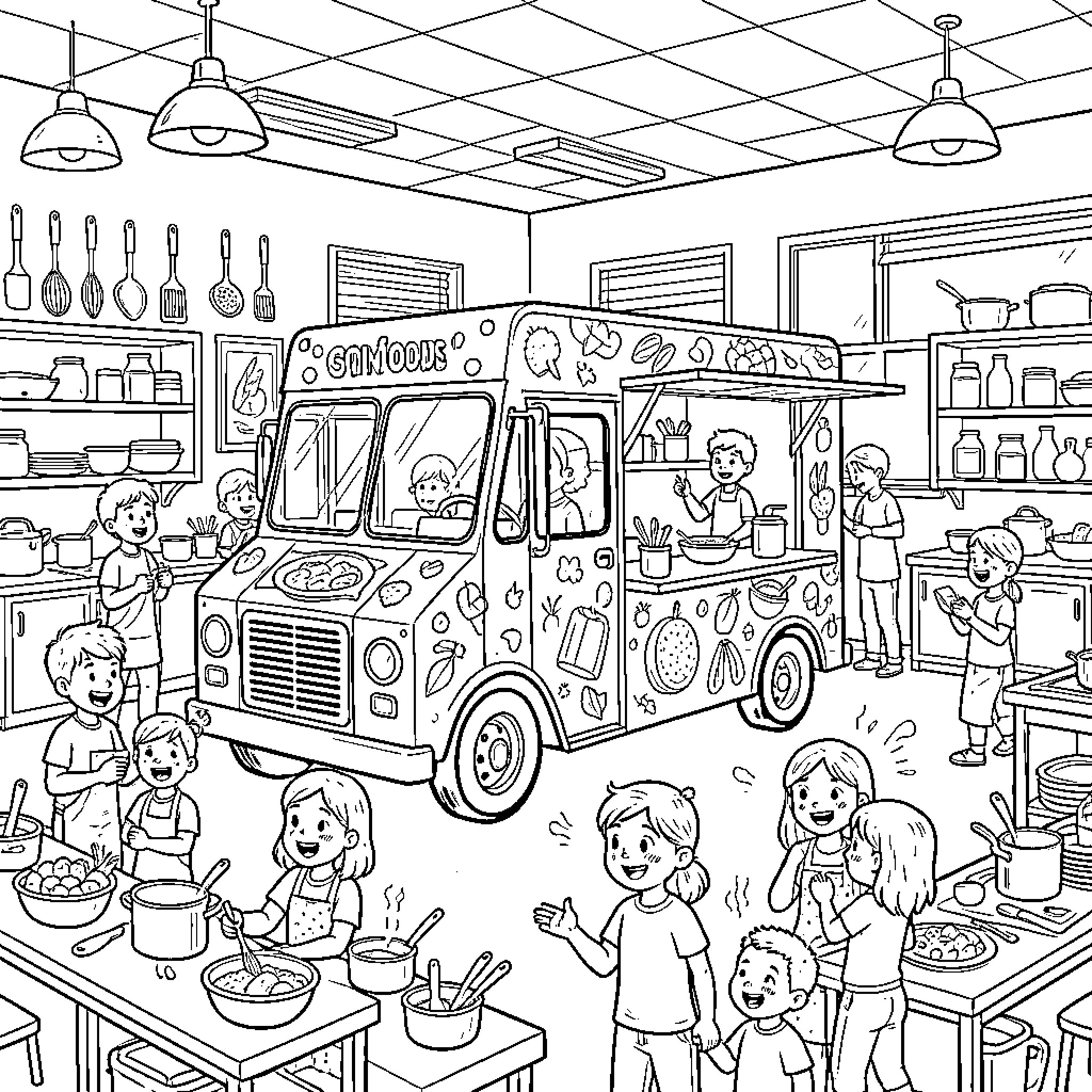 Food Truck Serving Delicious Meals in a Bustling Kitchen Coloring Page (free black-and-white line drawing printable PDF for all, from beginners to advanced learners, including children, teens, adults, and seniors)