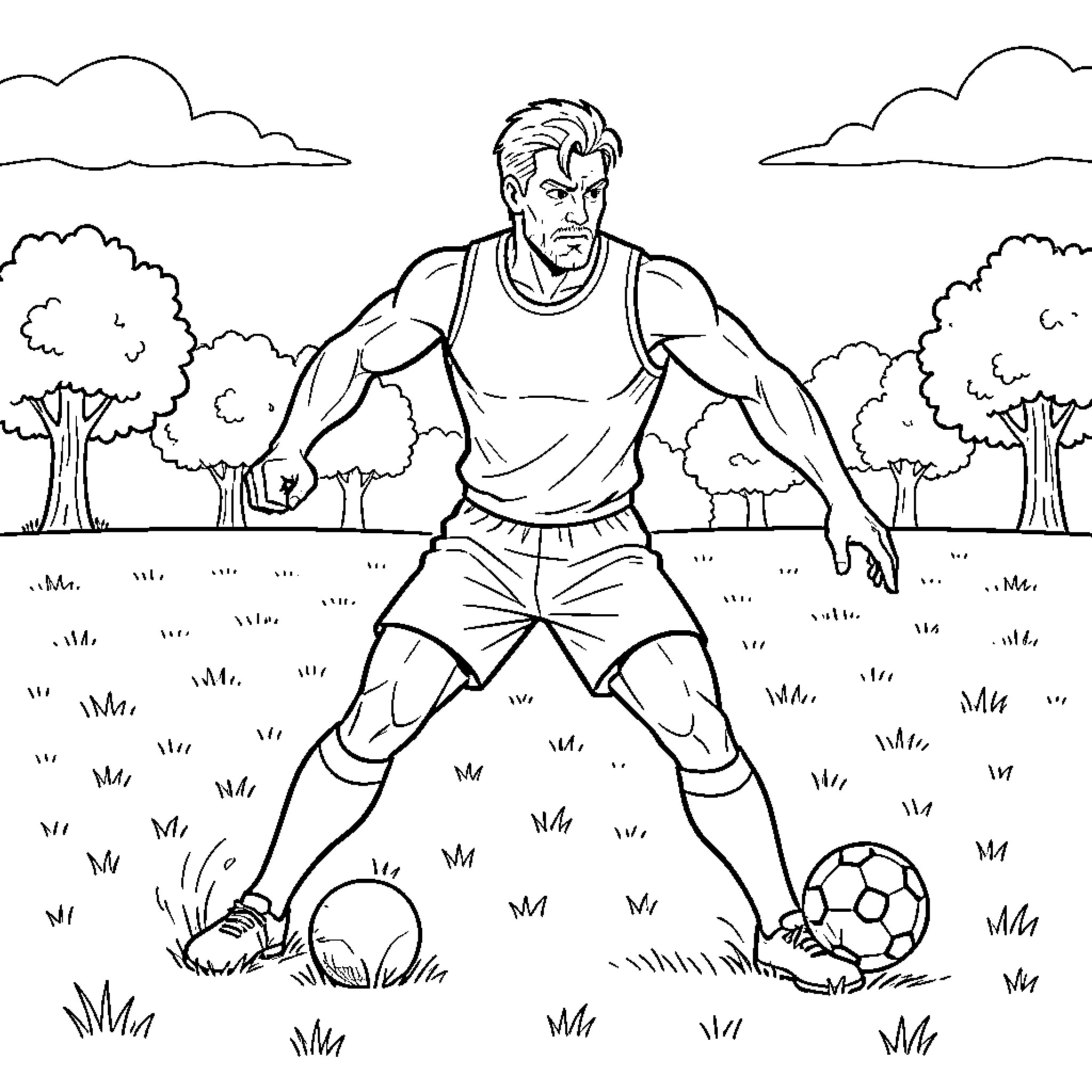 Musclor playing soccer intensely in a grassy field Coloring Page (free black-and-white line drawing printable PDF for all, from beginners to advanced learners, including children, teens, adults, and seniors)
