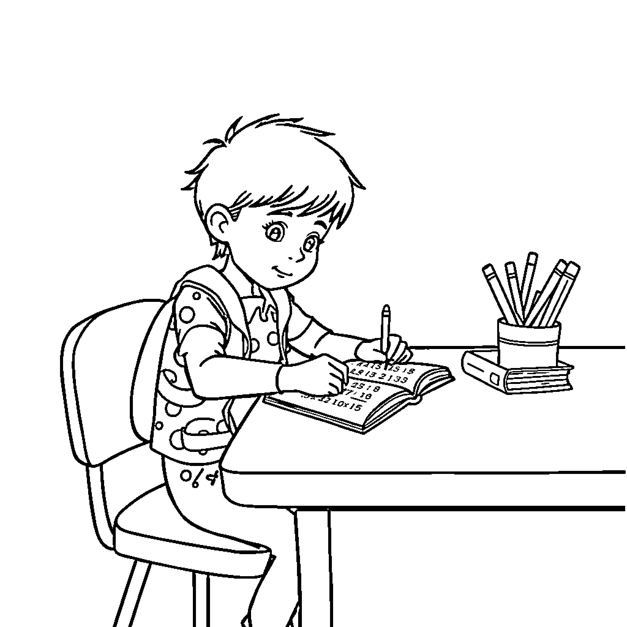 Huntrix studying diligently at the desk Coloring Page (free black-and-white line drawing printable PDF for all, from beginners to advanced learners, including children, teens, adults, and seniors)