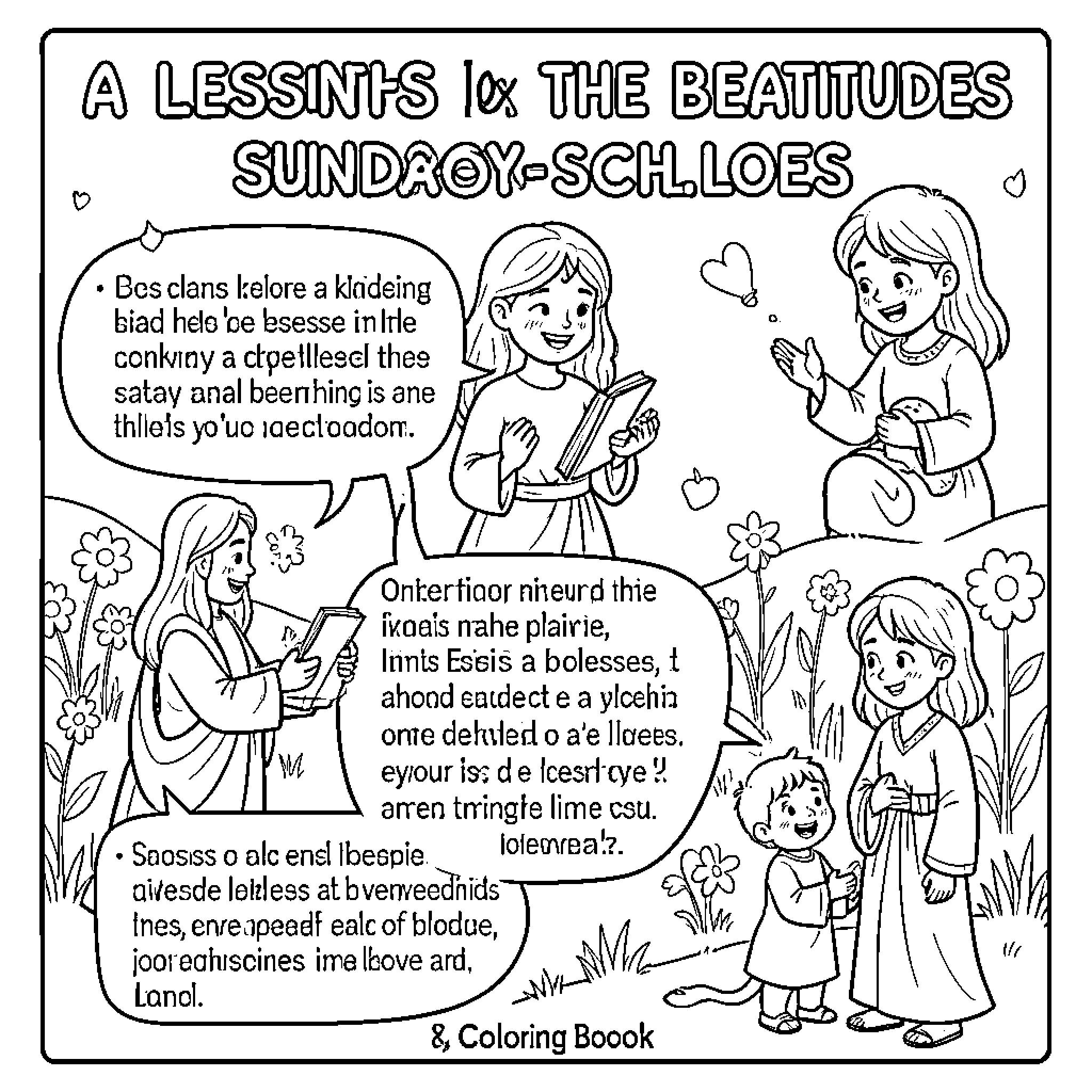 Beatitude lessons being shared by smiling people Coloring Page (free black-and-white line drawing printable PDF for all, from beginners to advanced learners, including children, teens, adults, and seniors)