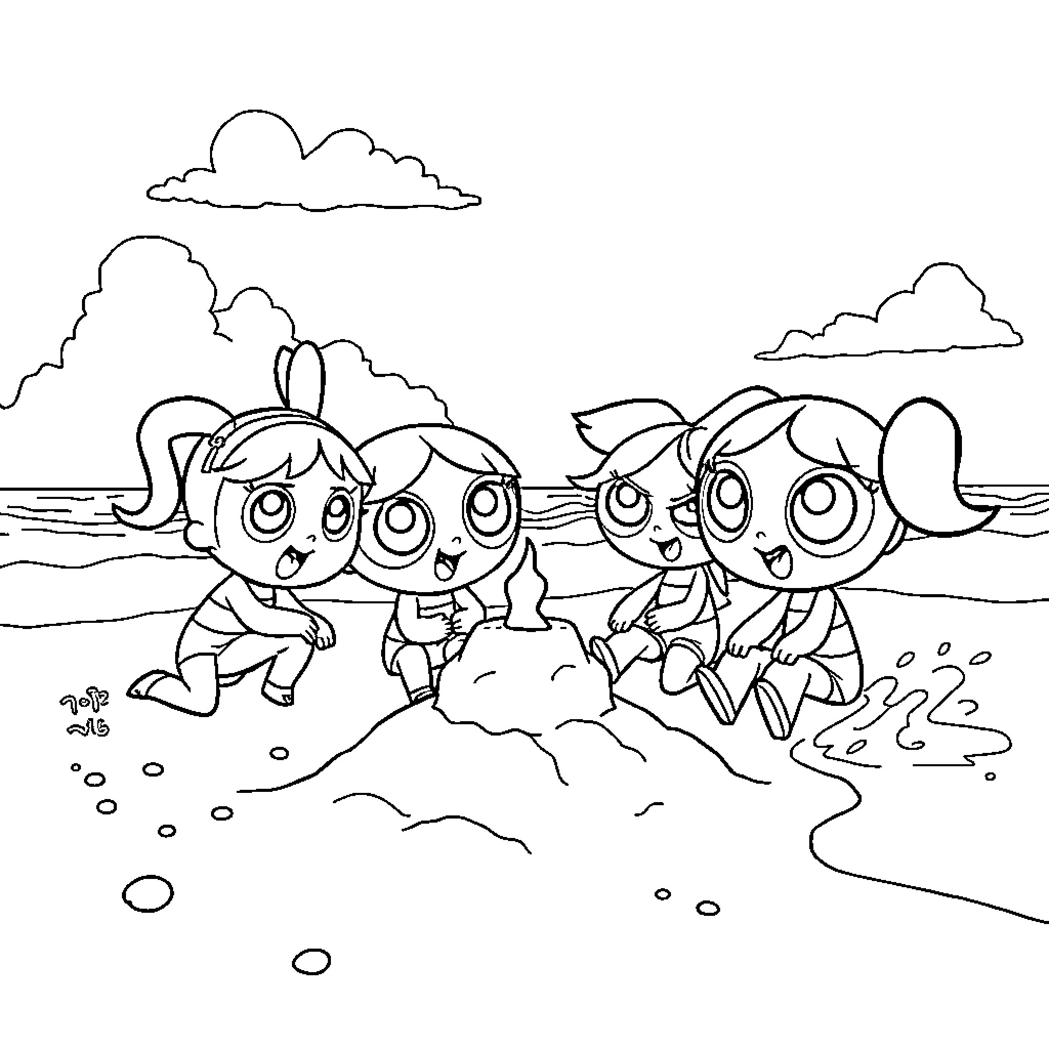 Powerpuff Girls enjoying a day at the beach Coloring Page (free black-and-white line drawing printable PDF for all, from beginners to advanced learners, including children, teens, adults, and seniors)